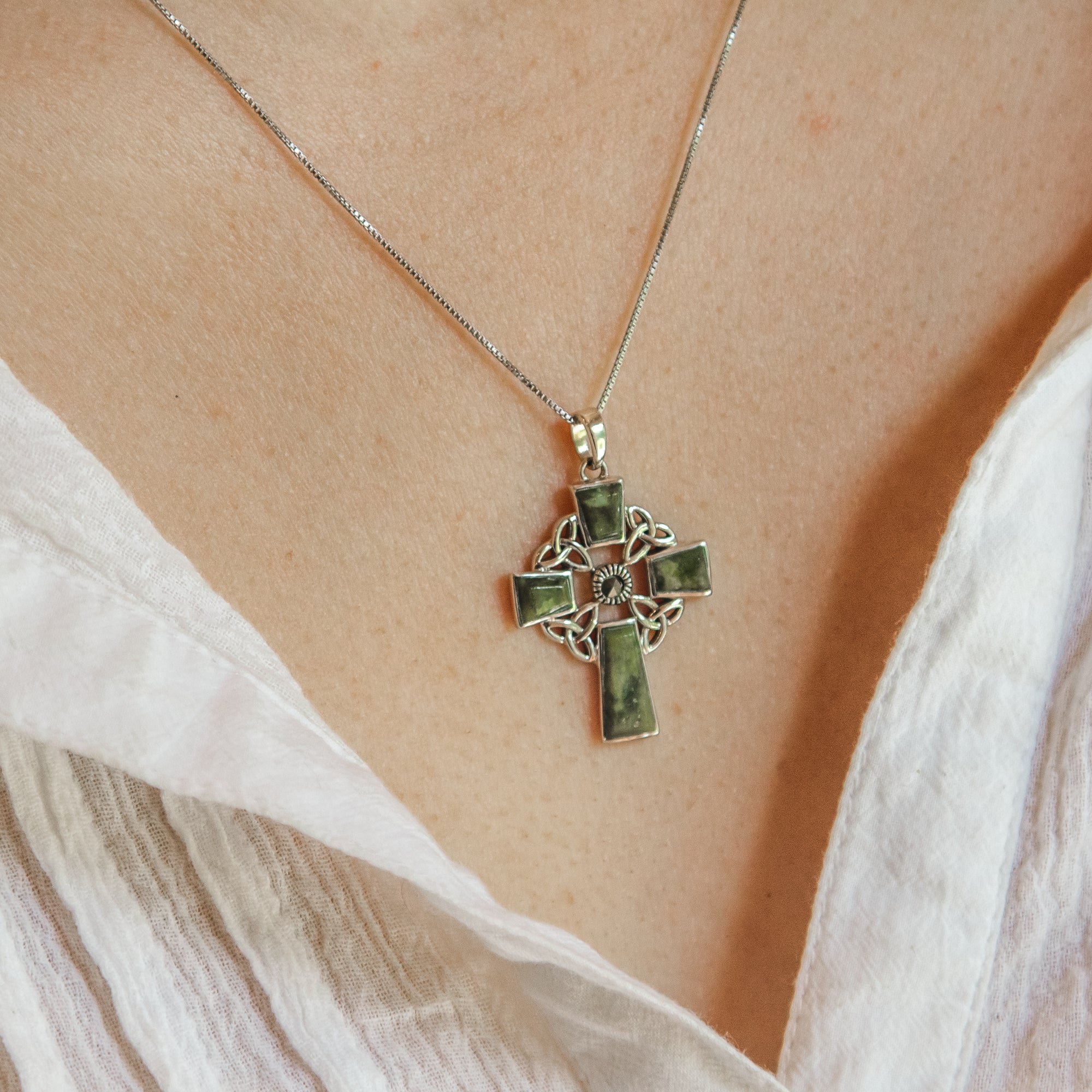 Connemara Marble Trinity Knot Cross Pendant  - Sterling Silver on 18 inch chain