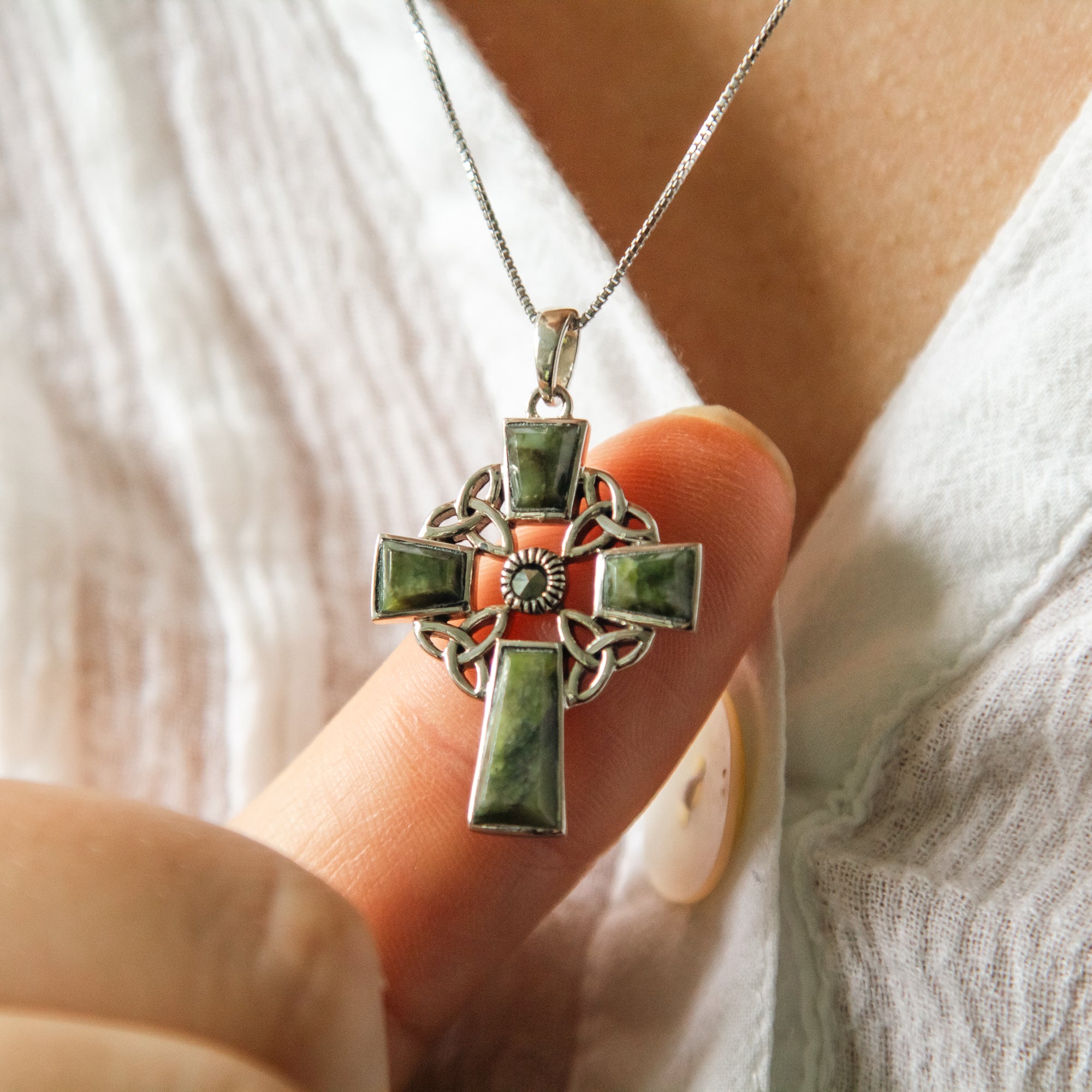 Connemara Marble Trinity Knot Cross Pendant  - Sterling Silver on 18 inch chain - Image 2