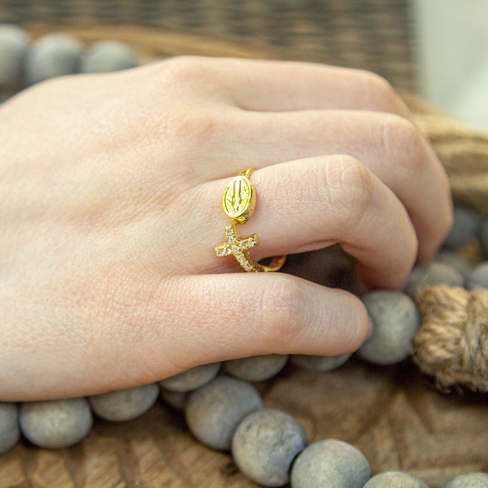 Cross and Miraculous Medal Ring with Cubic Zirconia - Image 2