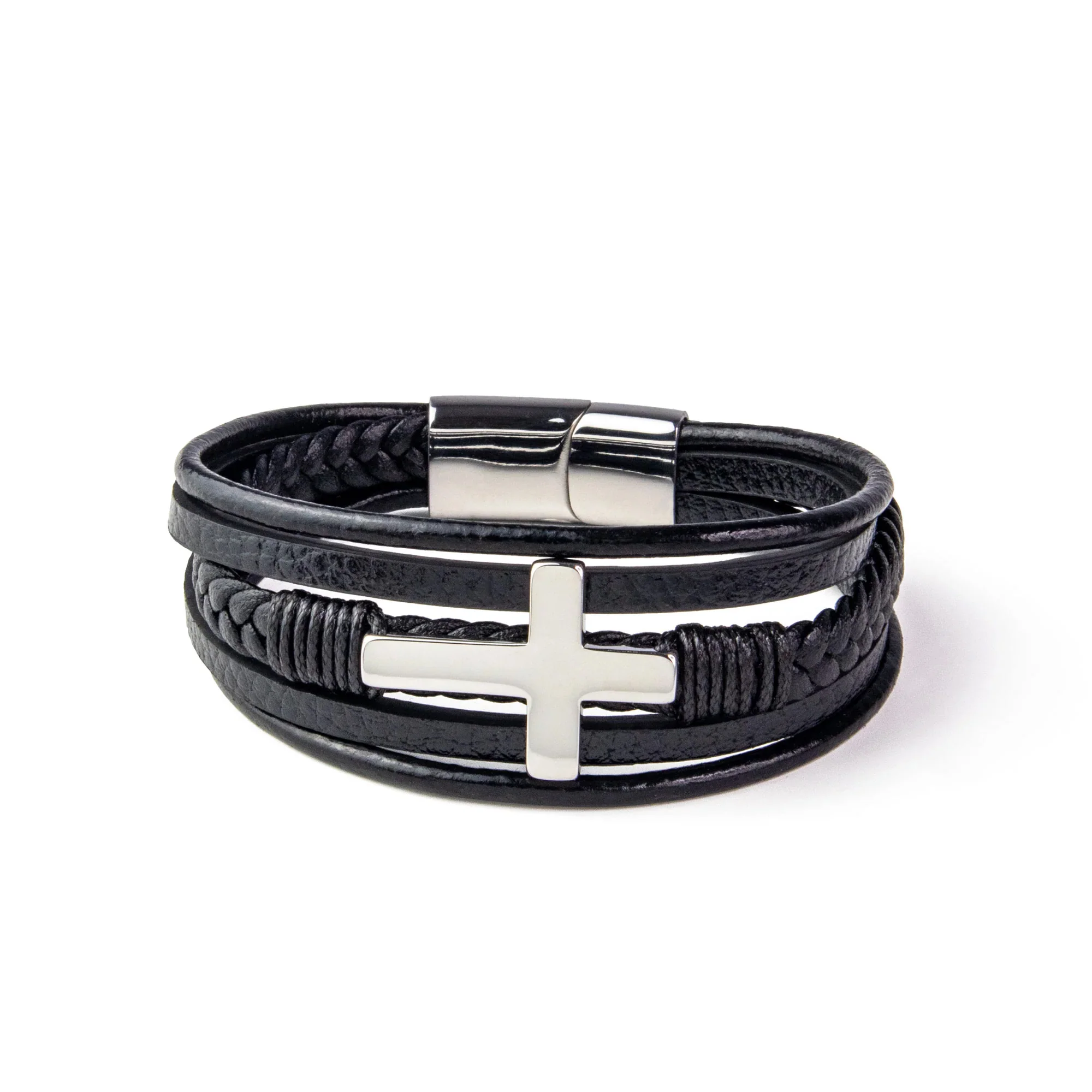 Cross & Leather Multi-Band Bracelet Set