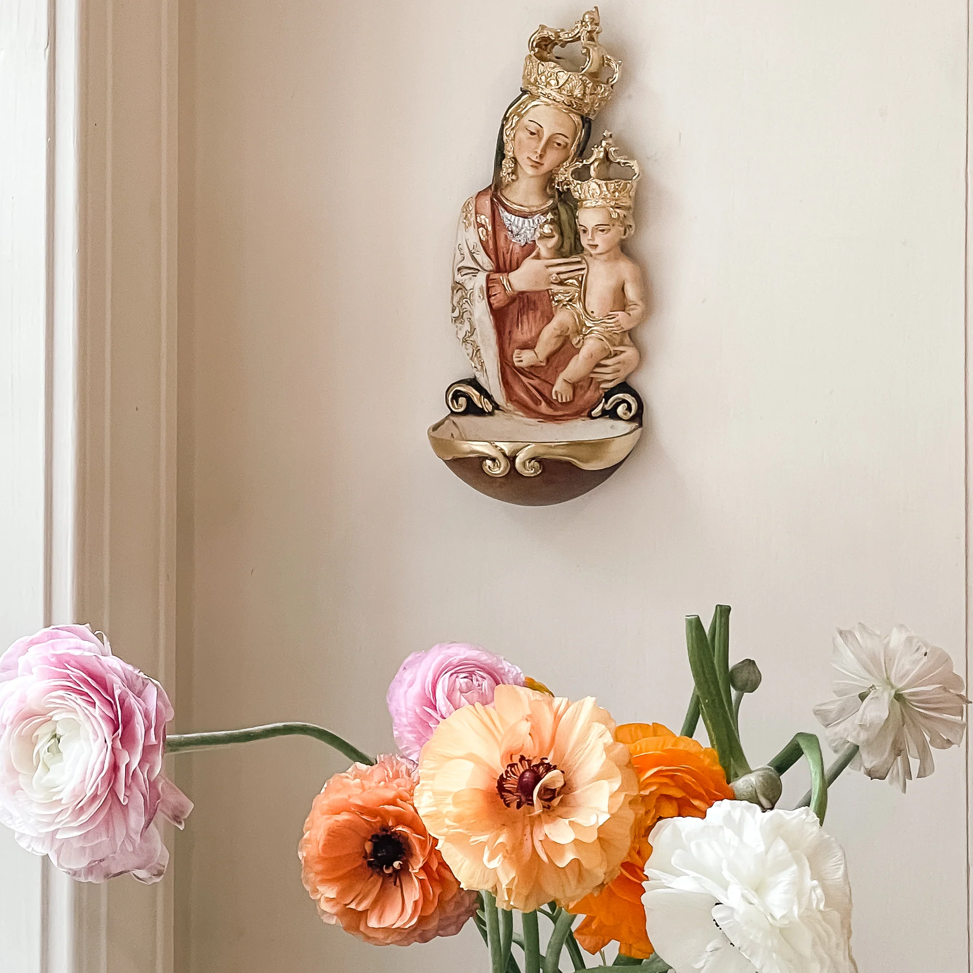 Crowned Madonna & Child Holy Water Font