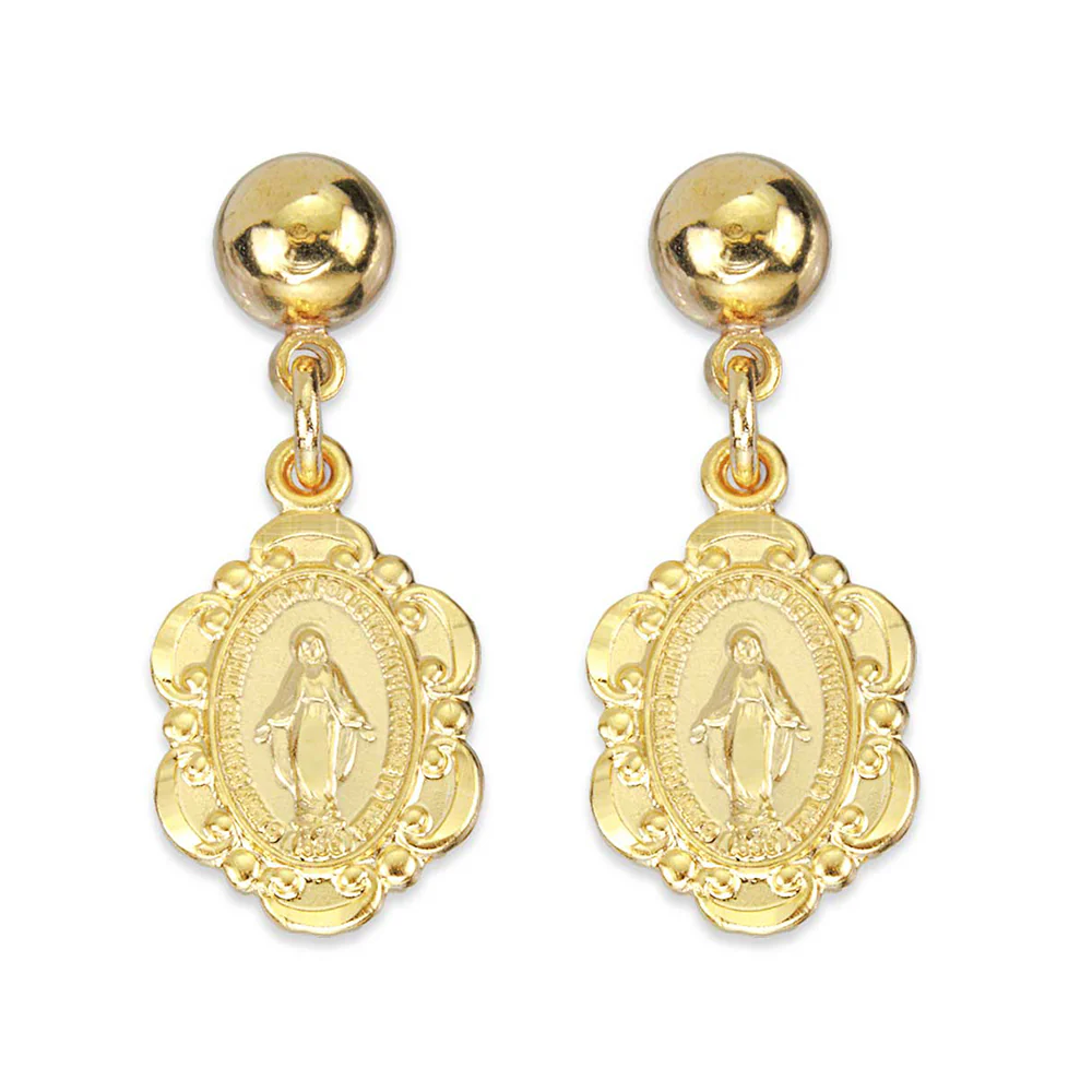 Damask Miraculous Medal Drop Earrings - Silver or Gold - Image 3