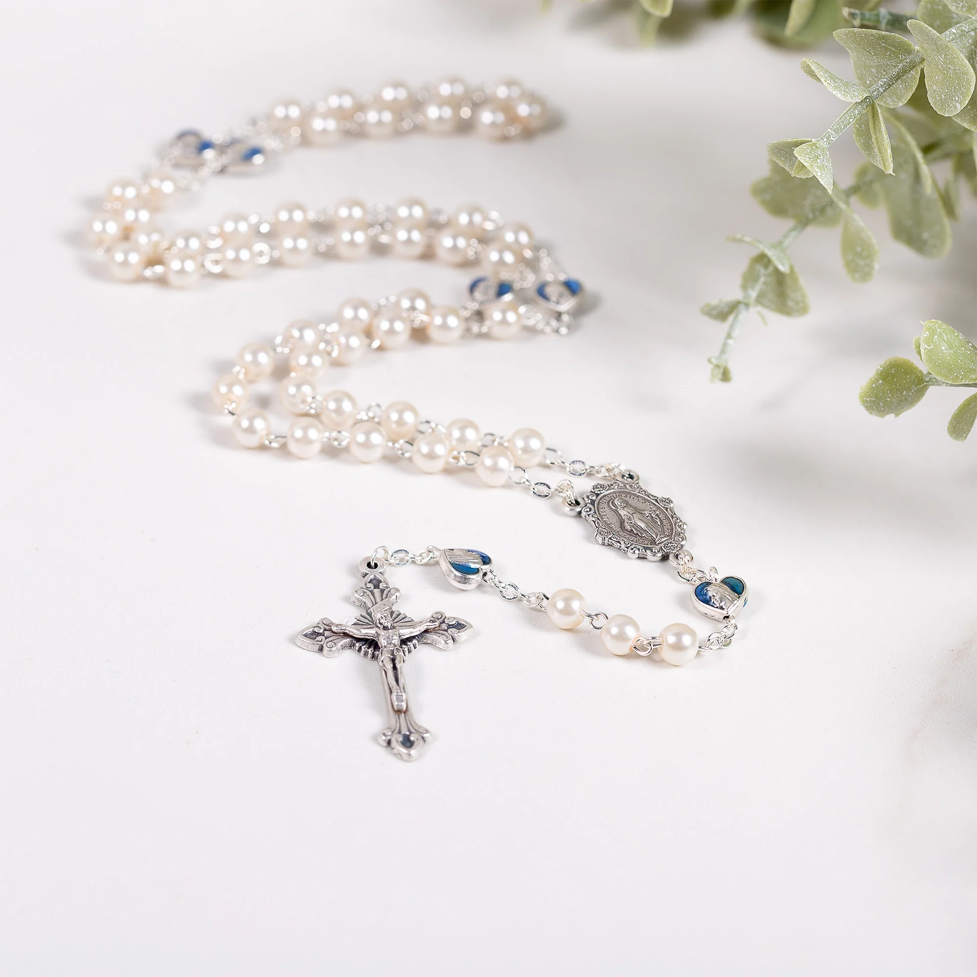 Delicate Glass Pearl & Blue Rosary - Image 2
