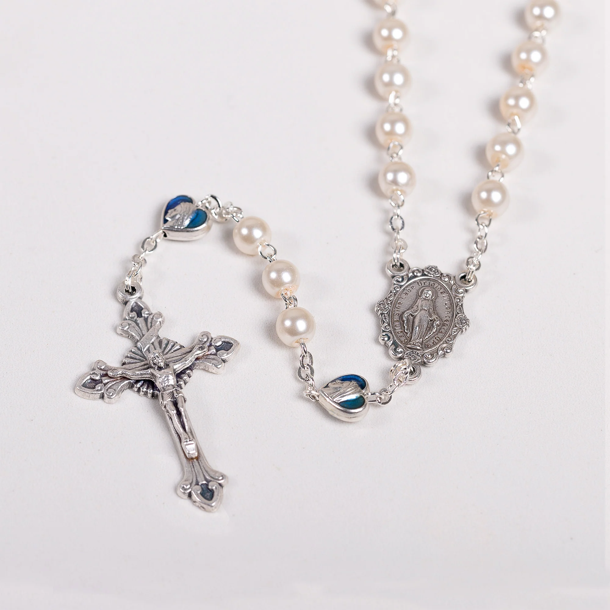 Delicate Glass Pearl & Blue Rosary - Image 3
