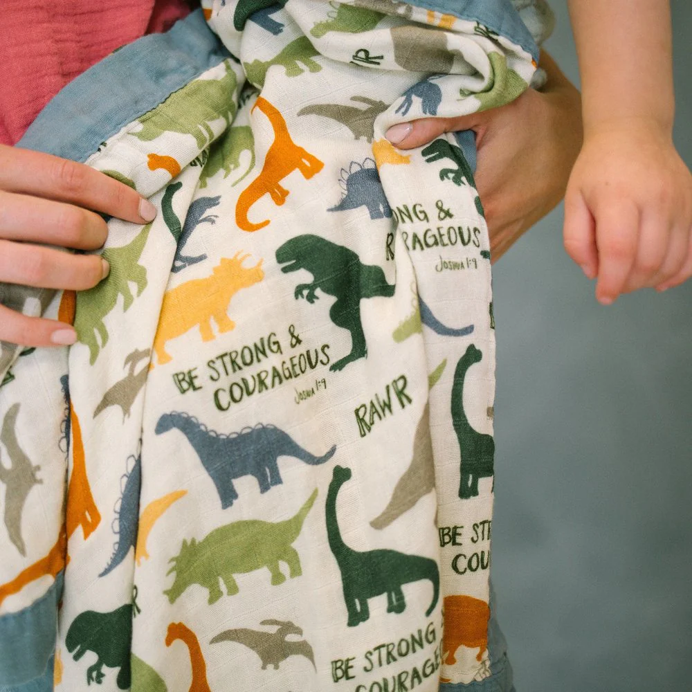 Dinosaurs "Be Strong and Courageous" Luxury Muslin Kids Blanket - Image 2