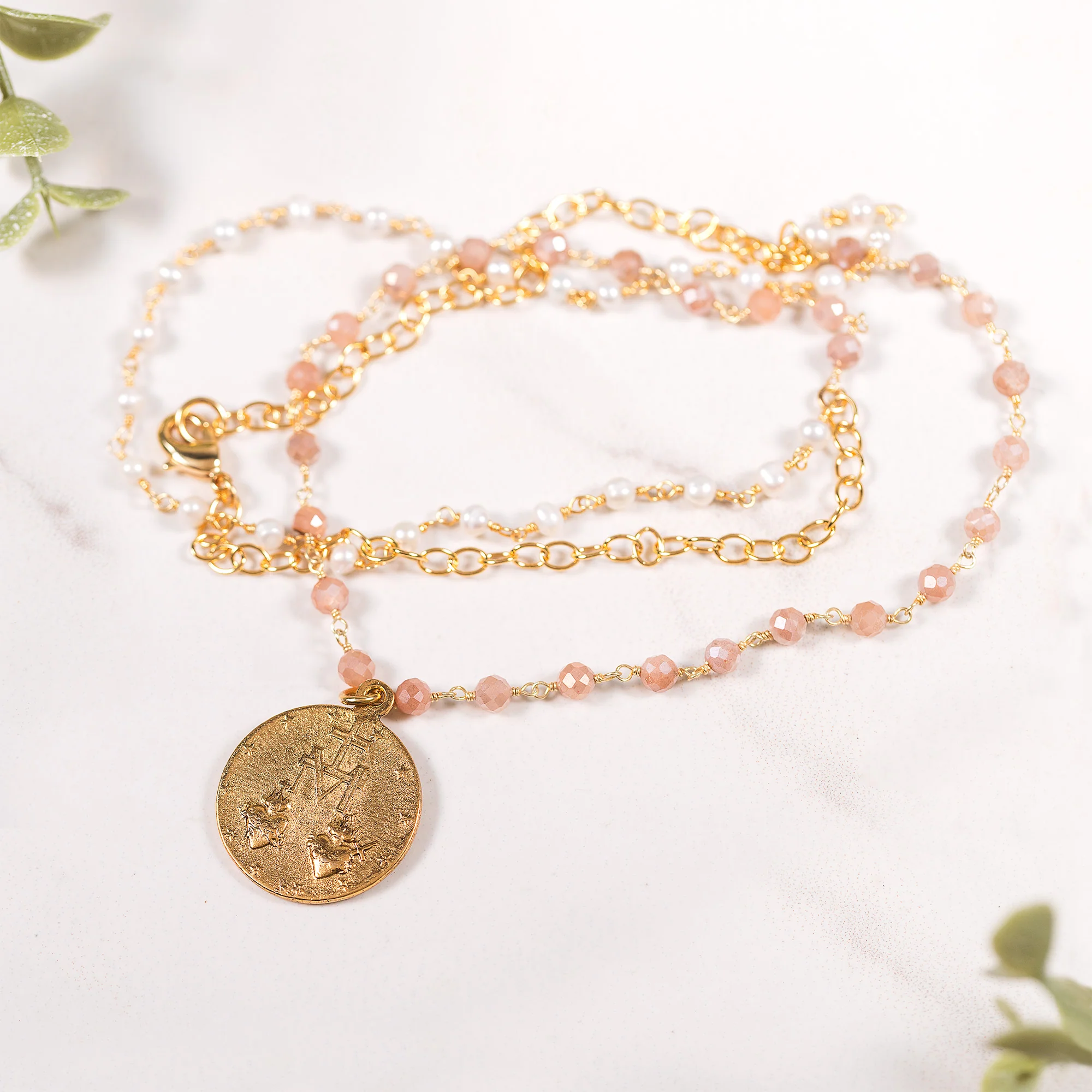 Double Strand Beaded Miraculous Medal Necklace - Image 2