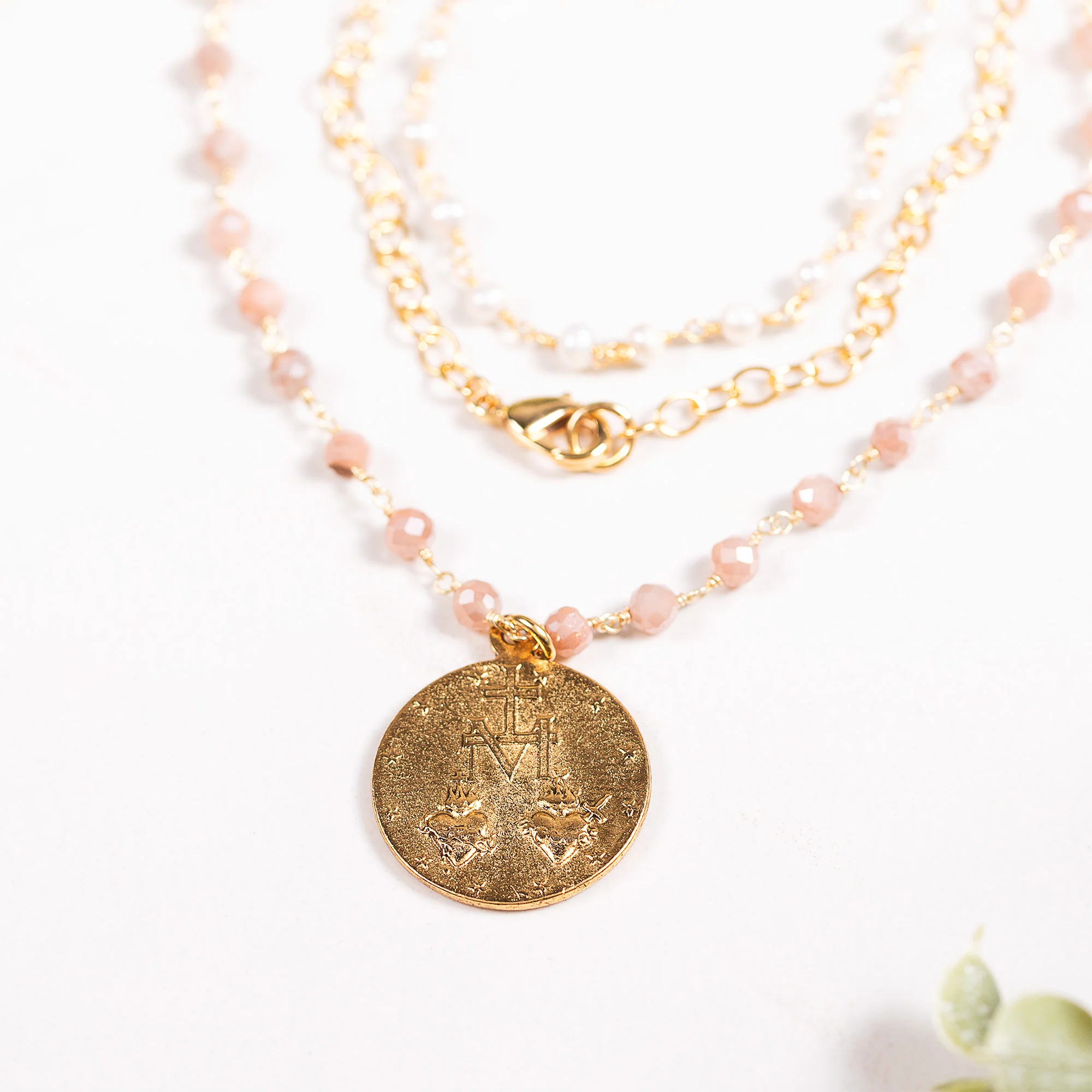 Double Strand Beaded Miraculous Medal Necklace - Image 4