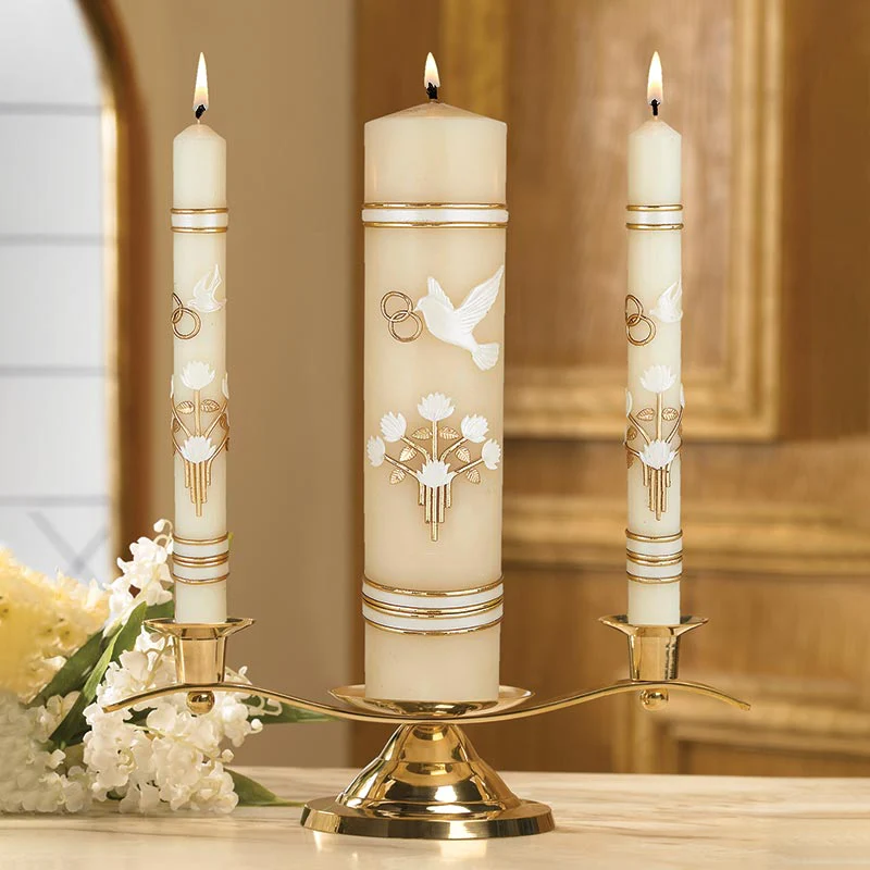 Dove & Rings Wedding Unity Candle Set - Gold