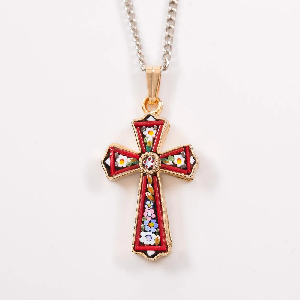 Gold & Floral Mosaic Cross Necklace
