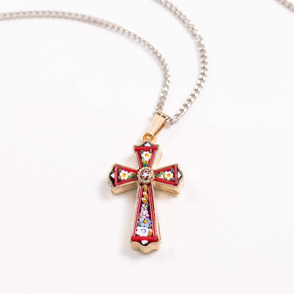 Gold & Floral Mosaic Cross Necklace - Image 2