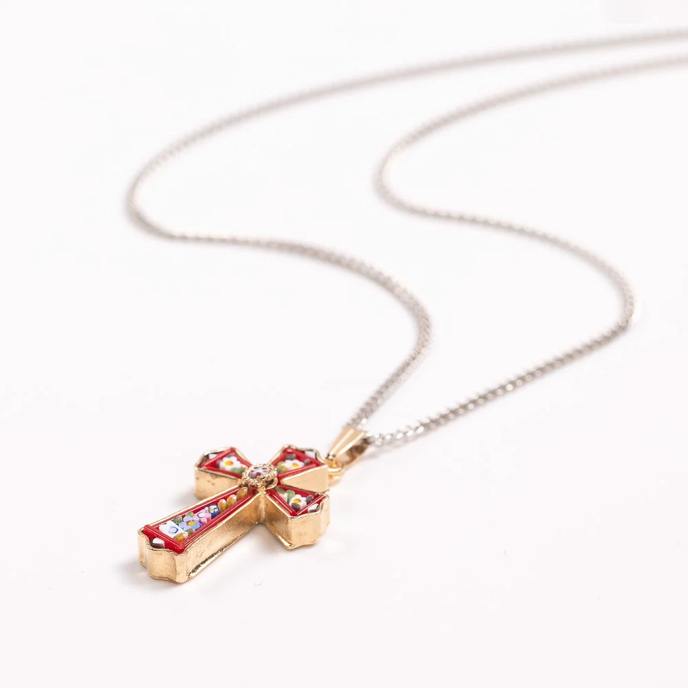 Gold & Floral Mosaic Cross Necklace - Image 3
