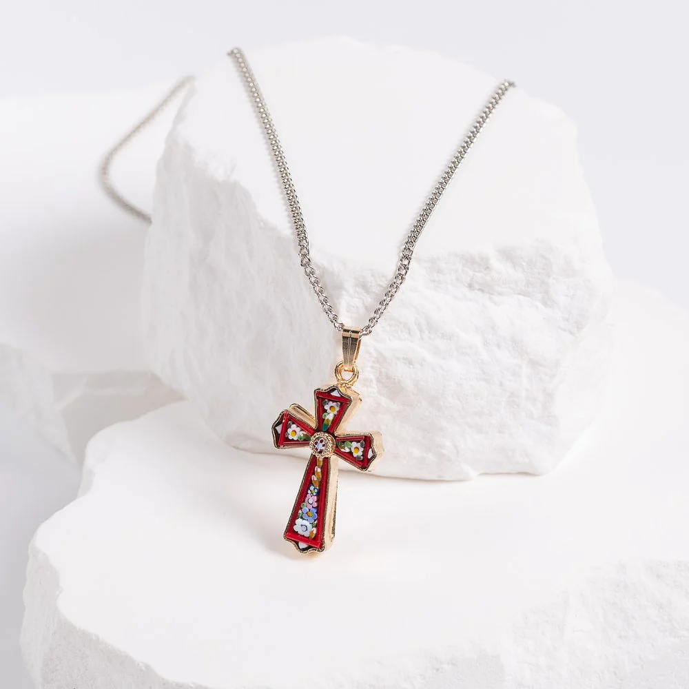 Gold & Floral Mosaic Cross Necklace - Image 4