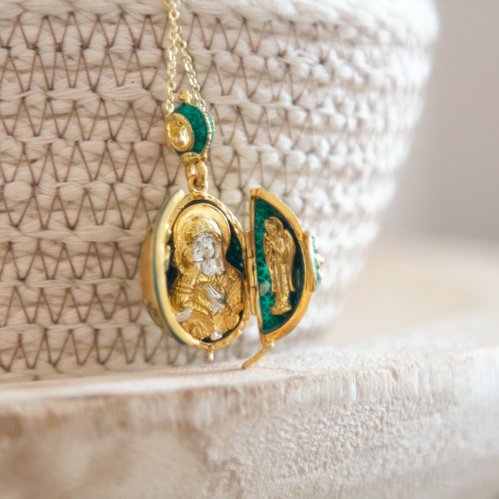 Emerald Green Faberge-Style Egg Locket With Icon and Angels (18" chain) - Image 2