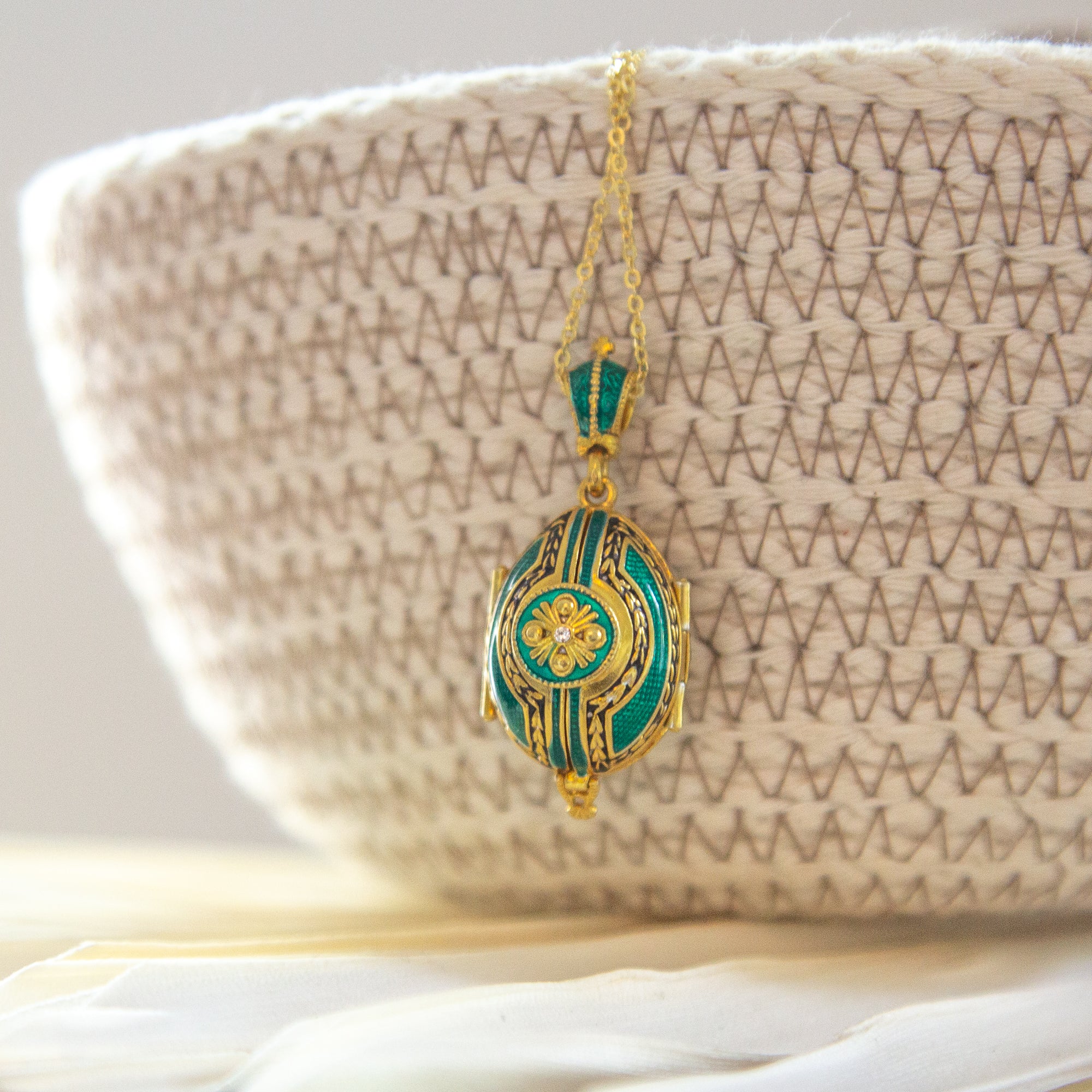 Emerald Green Faberge-Style Egg Locket With Icon and Angels (18" chain) - Image 3