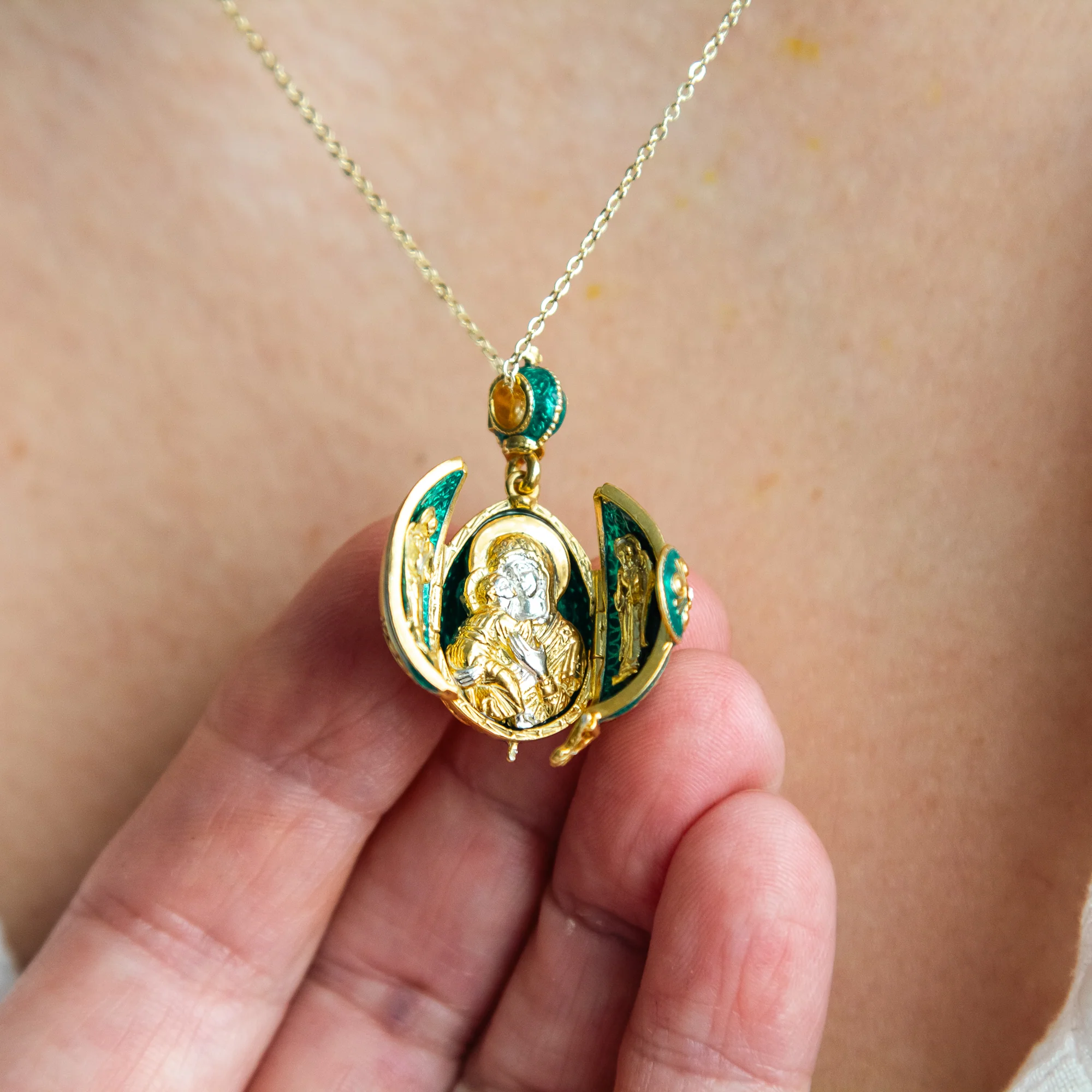 Emerald Green Faberge-Style Egg Locket With Icon and Angels (18" chain) - Image 4