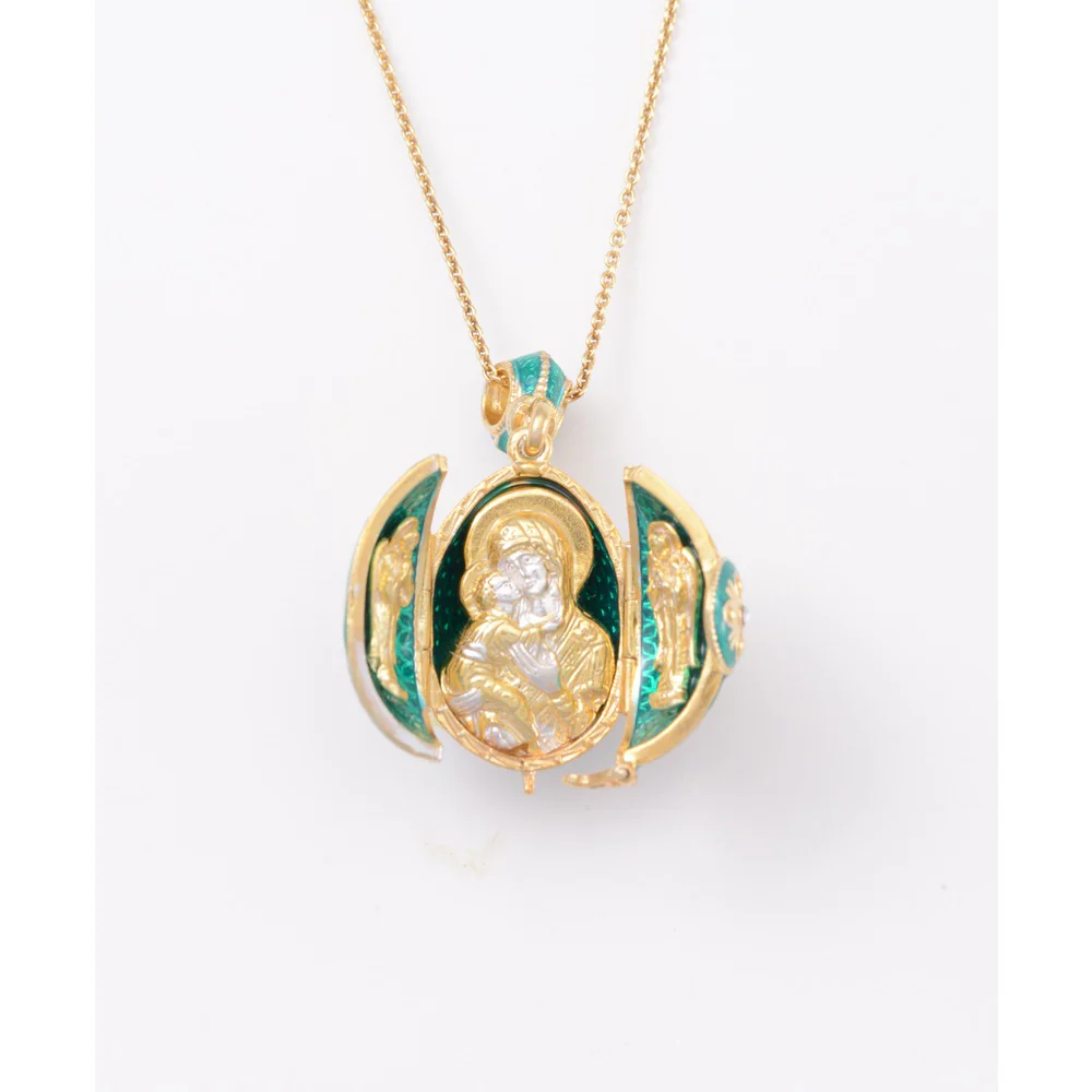 Emerald Green Faberge-Style Egg Locket With Icon and Angels (18" chain) - Image 5