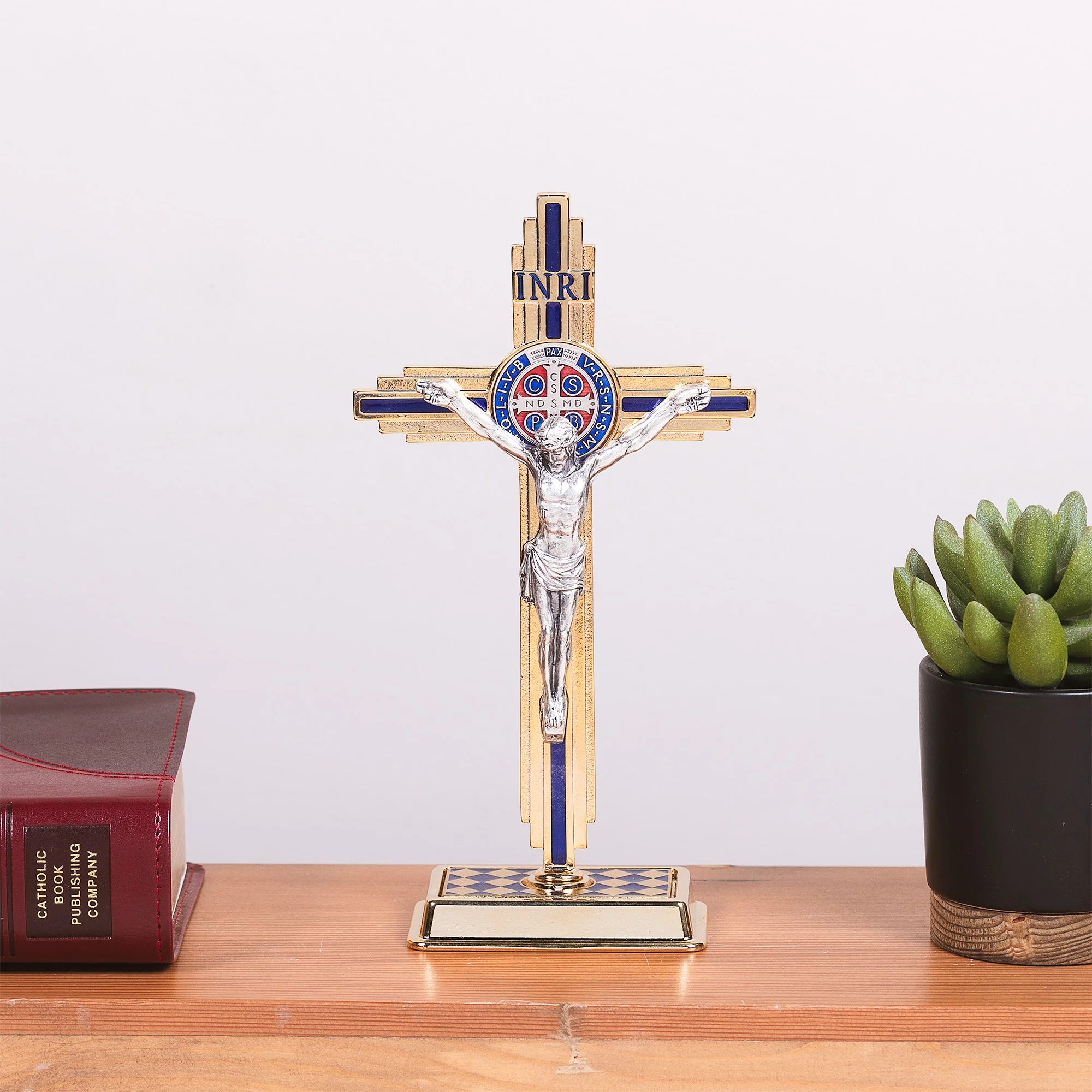 Enameled St. Benedict Standing Crucifix - White or Blue - Image 3