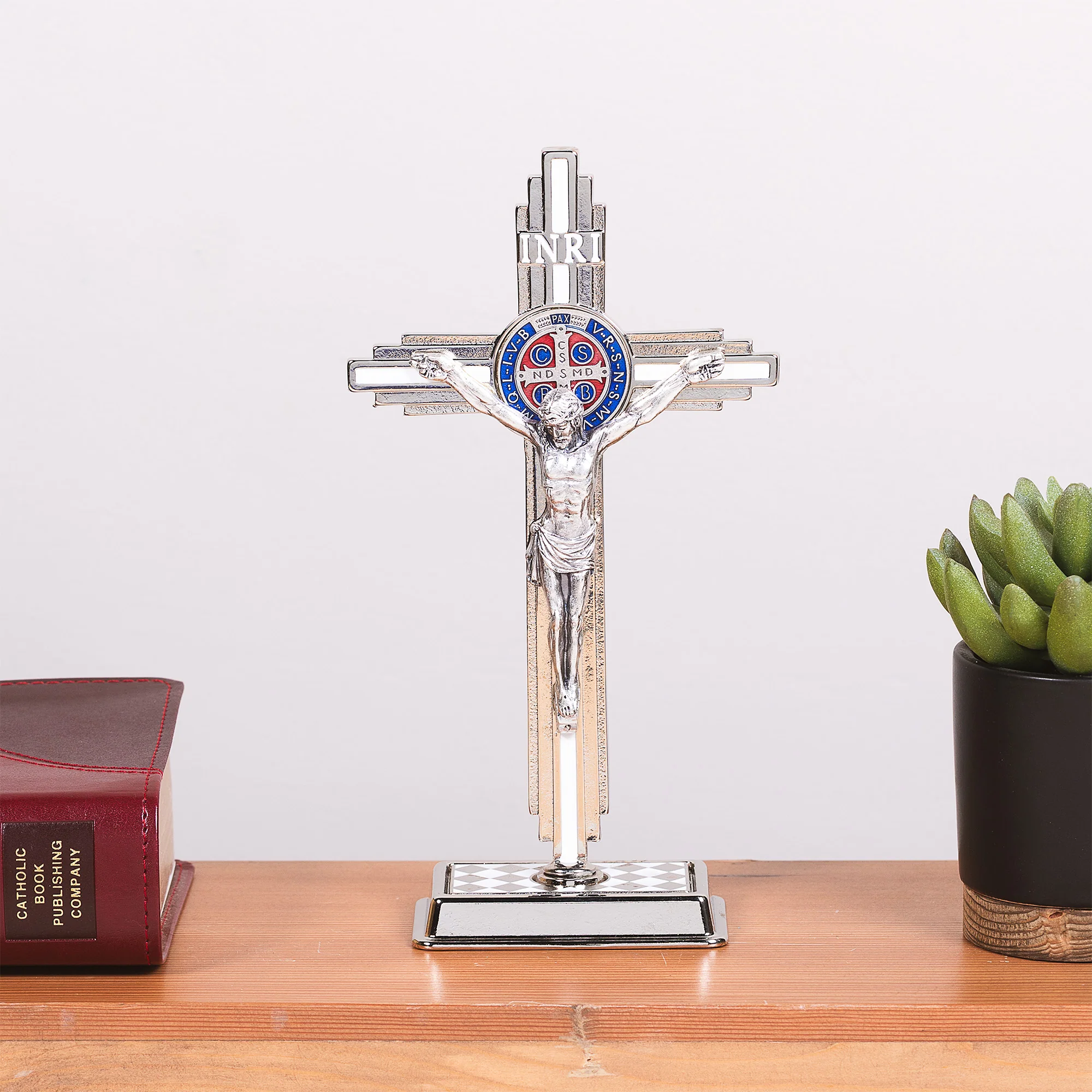 Enameled St. Benedict Standing Crucifix - White or Blue - Image 4