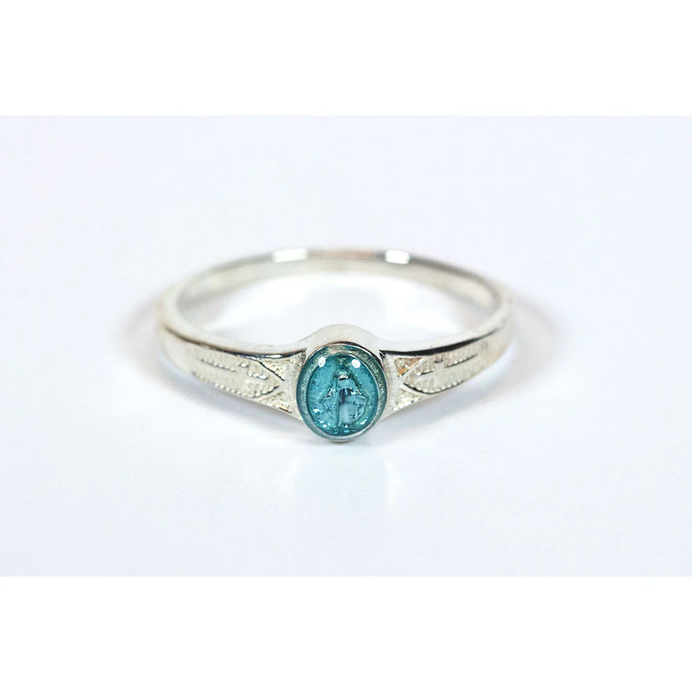 Etched Silver Miraculous Medal Ring with Blue Center - Image 3