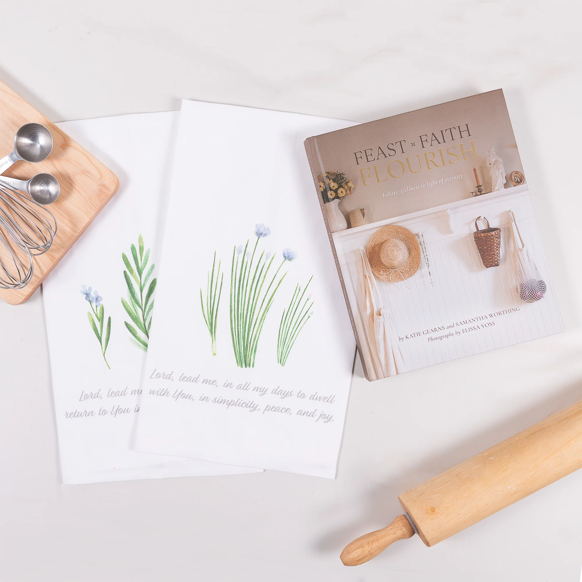 Feast, Faith, Flourish Book & Lord Lead Me Dish Towels Set