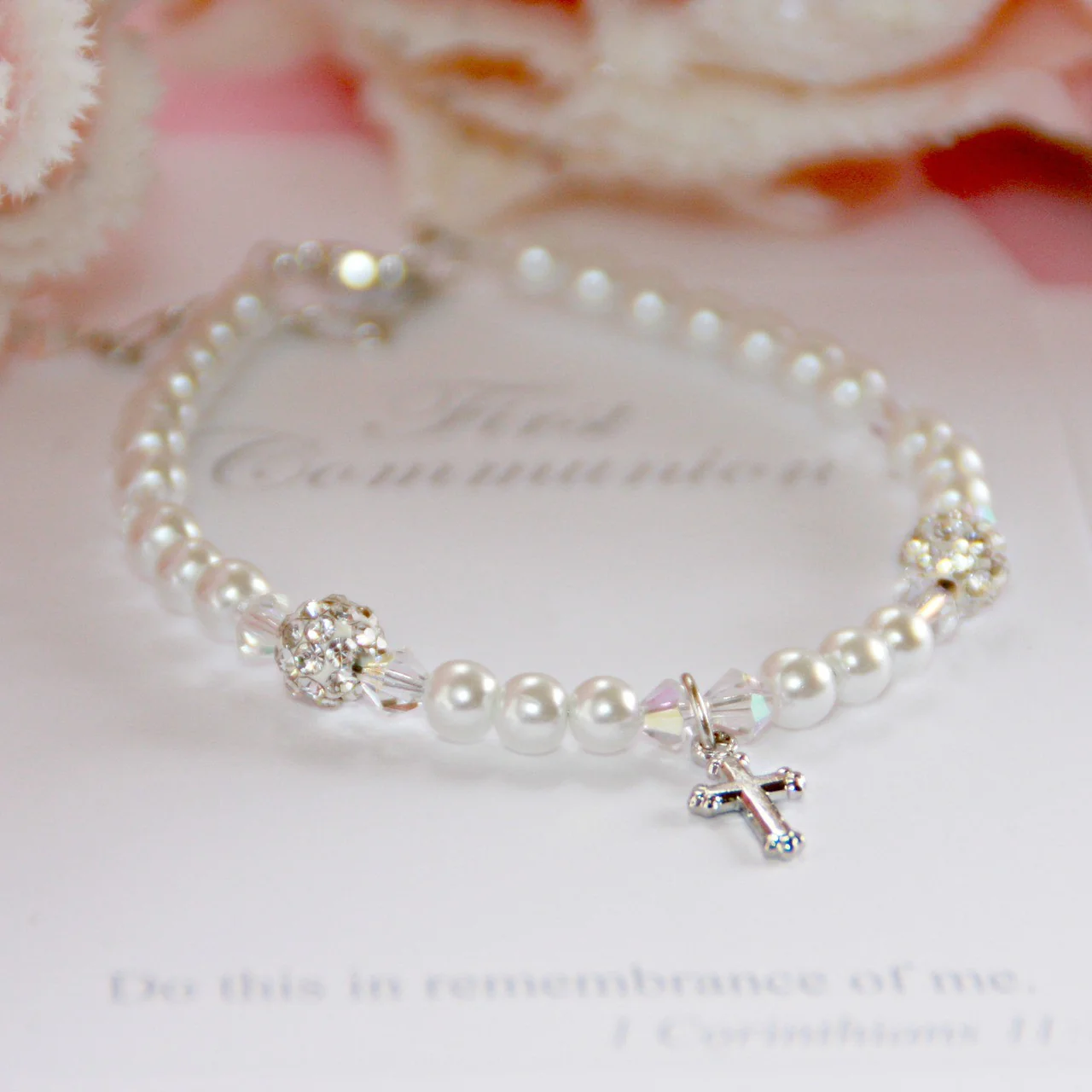 First Communion Cross Bracelet with Glass Pearls and Crystals