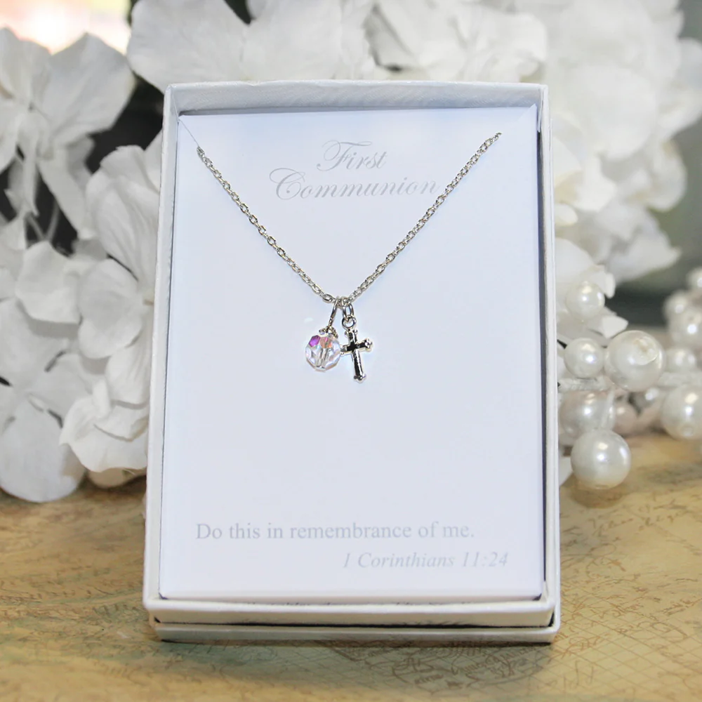 First Communion Cross Pendant with Crystal Drop Necklace - Silver or Gold - Image 2