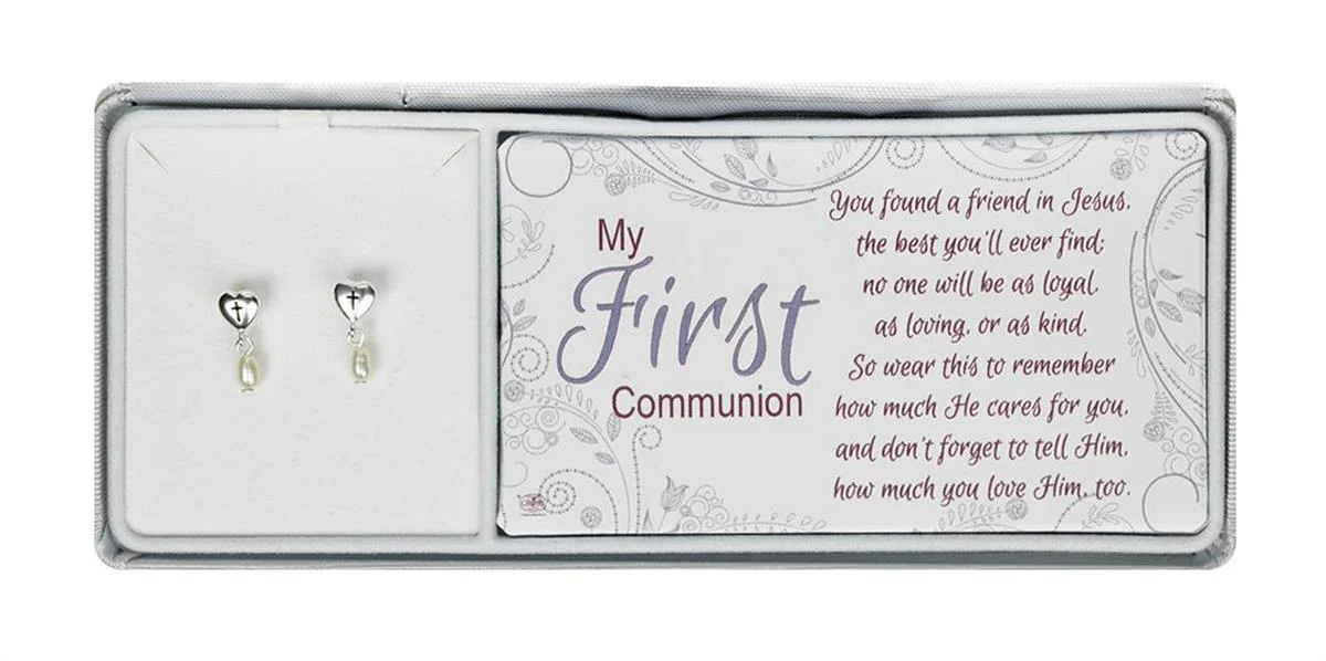First Communion Freshwater Pearl Heart Drop Earrings - Image 3