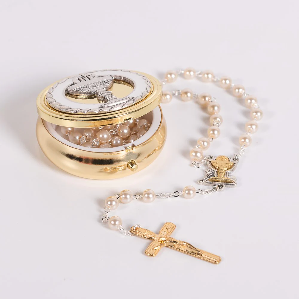 First Communion Gold, Silver & Pearl Rosary with Keepsake Box - Image 2