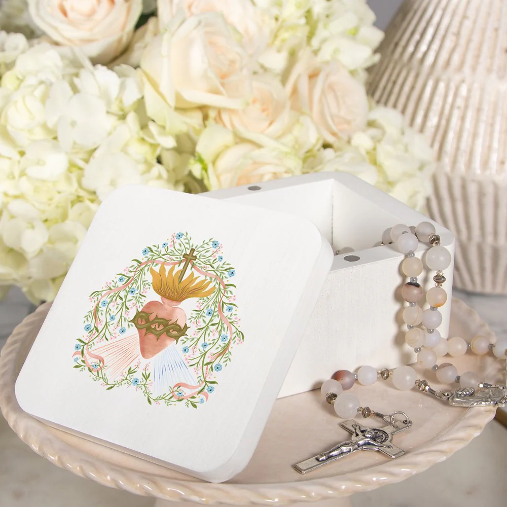 Floral Divine Mercy Sacred Heart Rosary Keepsake Box