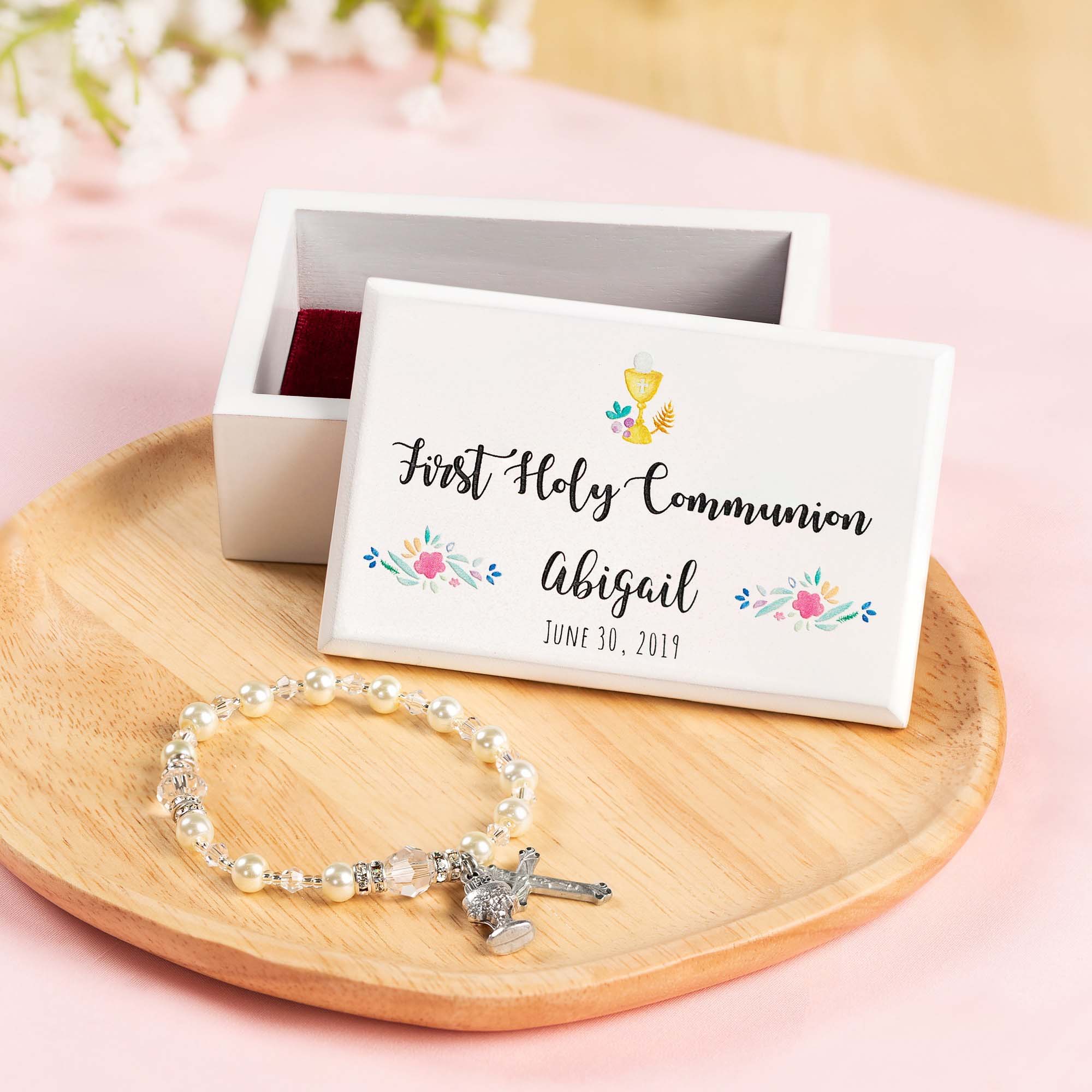 Floral First Communion Box & Chalice Rosary Bracelet