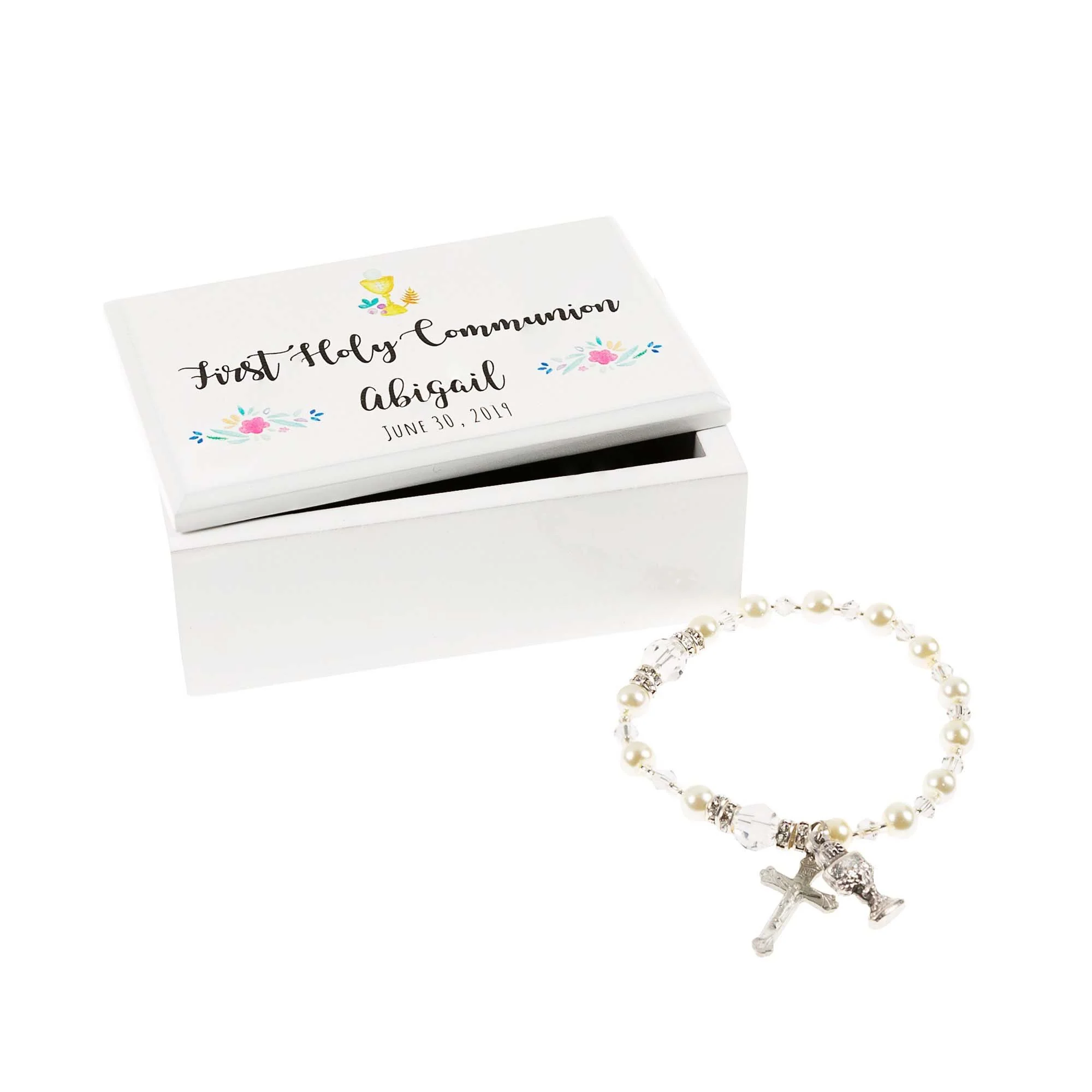 Floral First Communion Box & Chalice Rosary Bracelet - Image 2