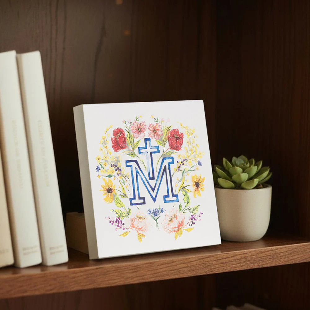 Floral Marian Cross Wood Block Sign - Image 2