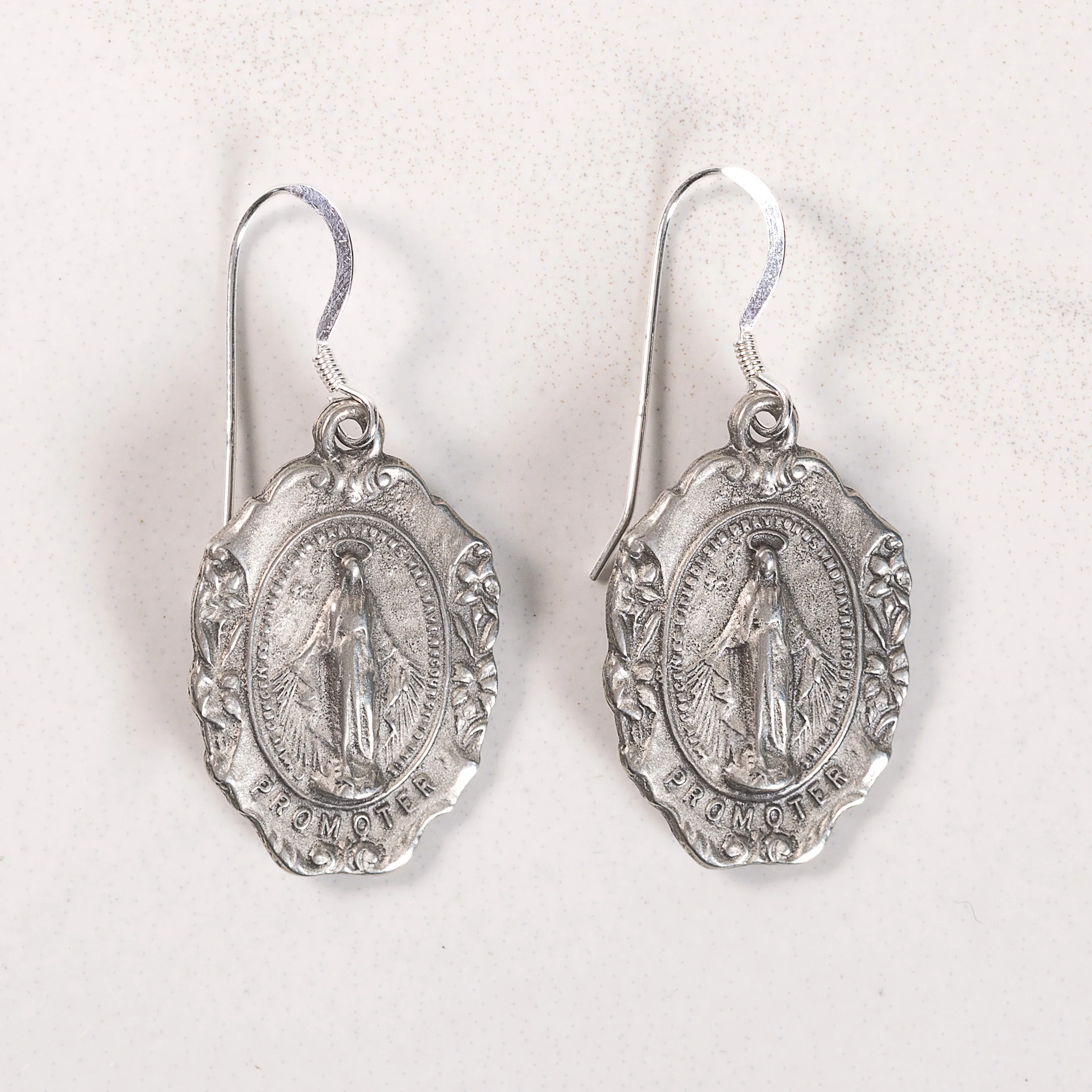 Floral Scrolled Miraculous Medal Earrings - Gold or Silver