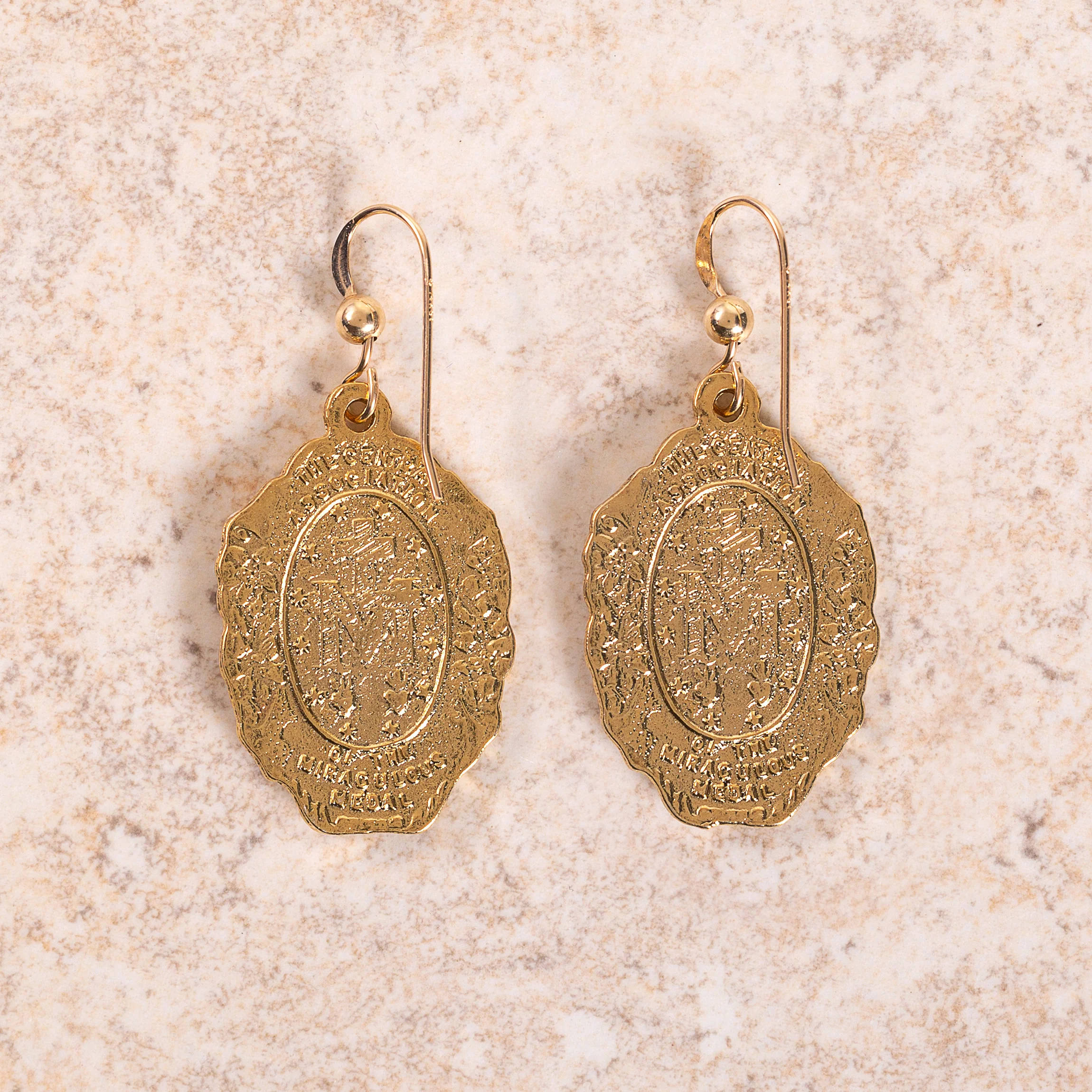 Floral Scrolled Miraculous Medal Earrings - Gold or Silver - Image 3