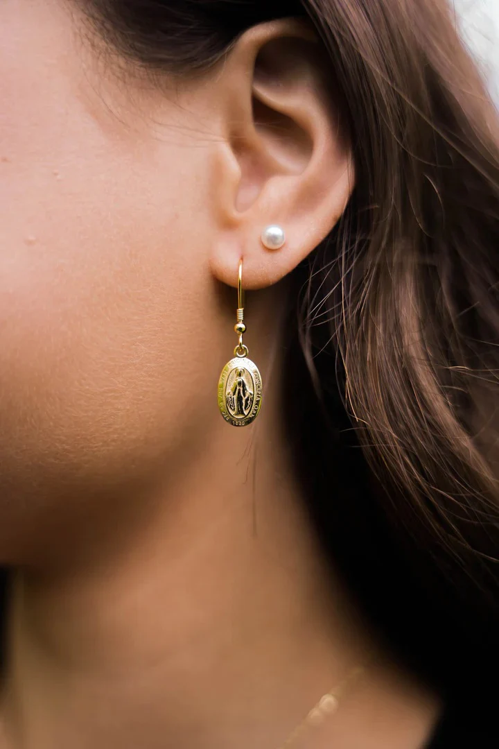 French Wire Gold Miraculous Medal Dangle Earrings