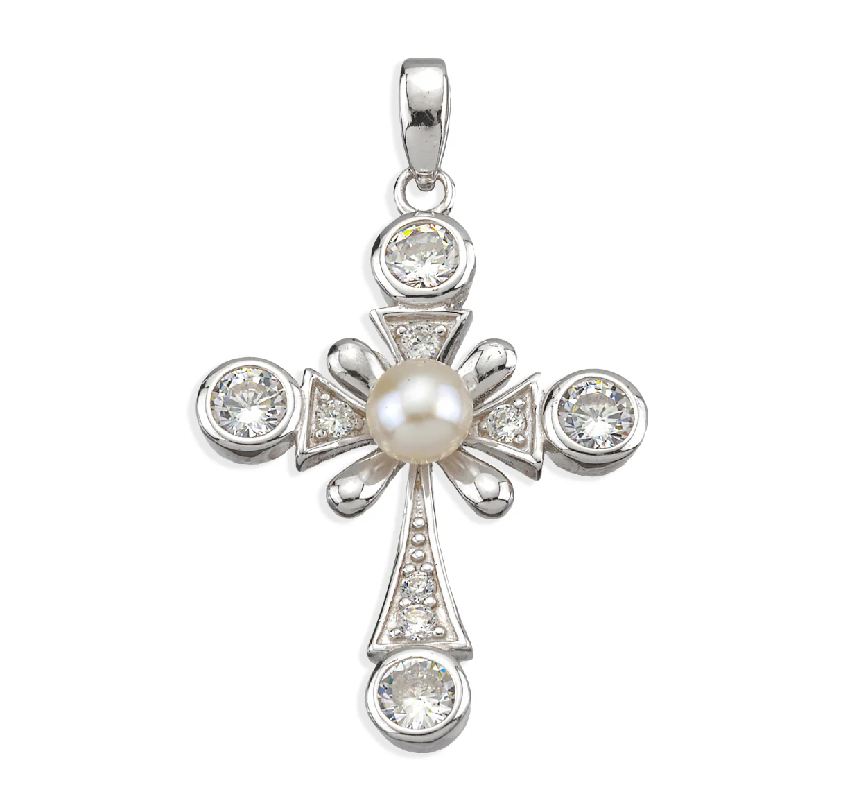 Freshwater Pearl & Cubic Zirconia Cross Necklace - Image 2