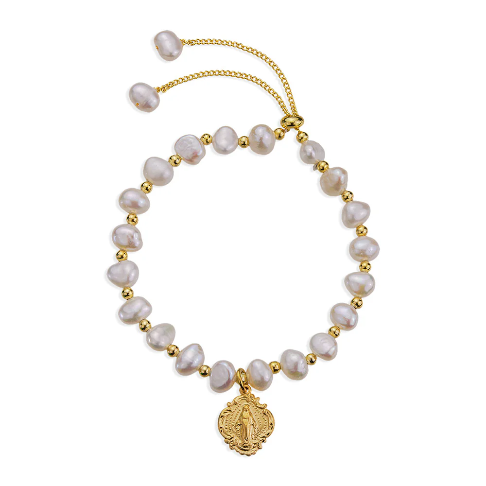 Freshwater Pearl Gold Miraculous Medal Bracelet - Image 4