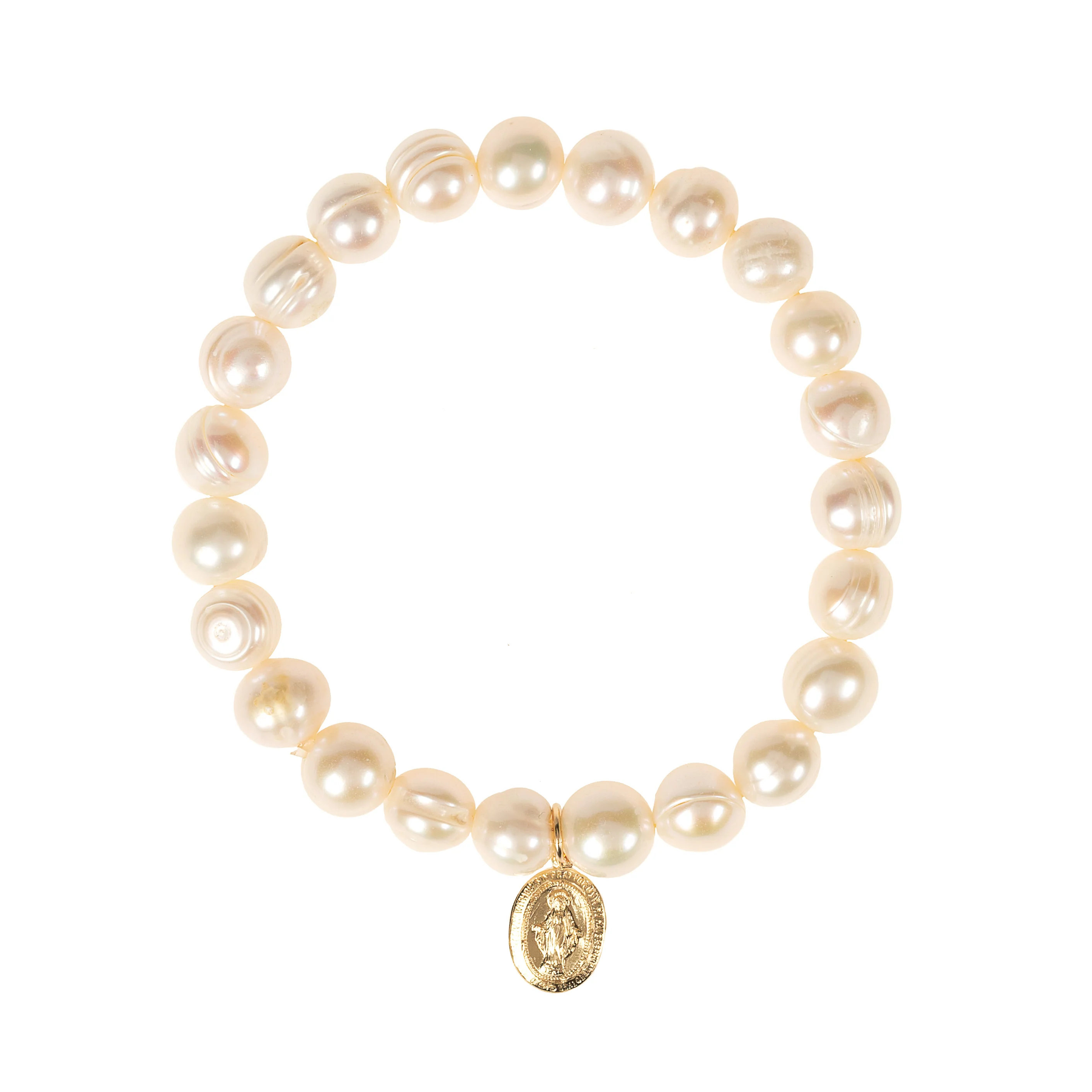 Freshwater Pearl & Gold Miraculous Medal Stretch Bracelet