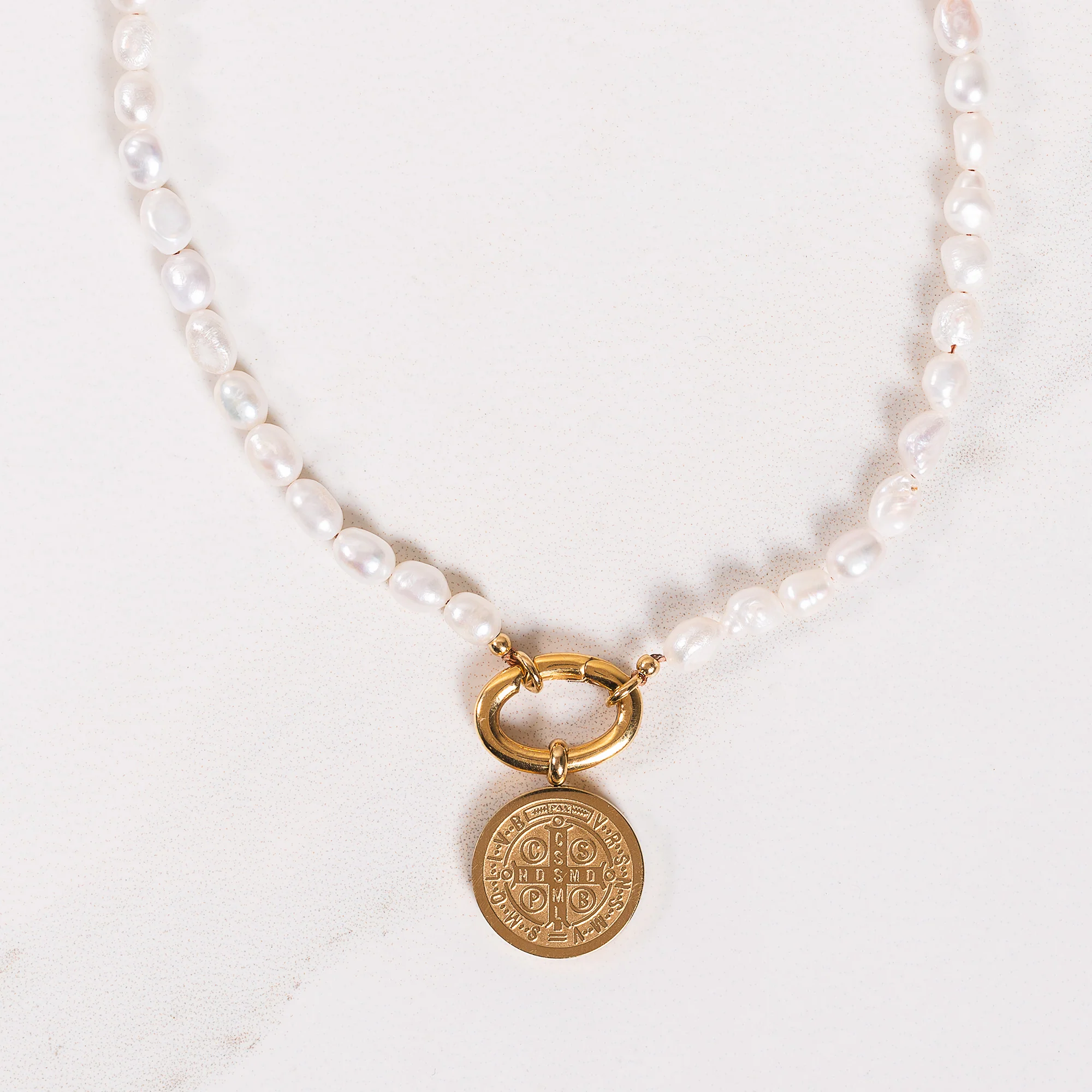 Freshwater Pearl & Gold St. Benedict Medal Necklace - Small or Large