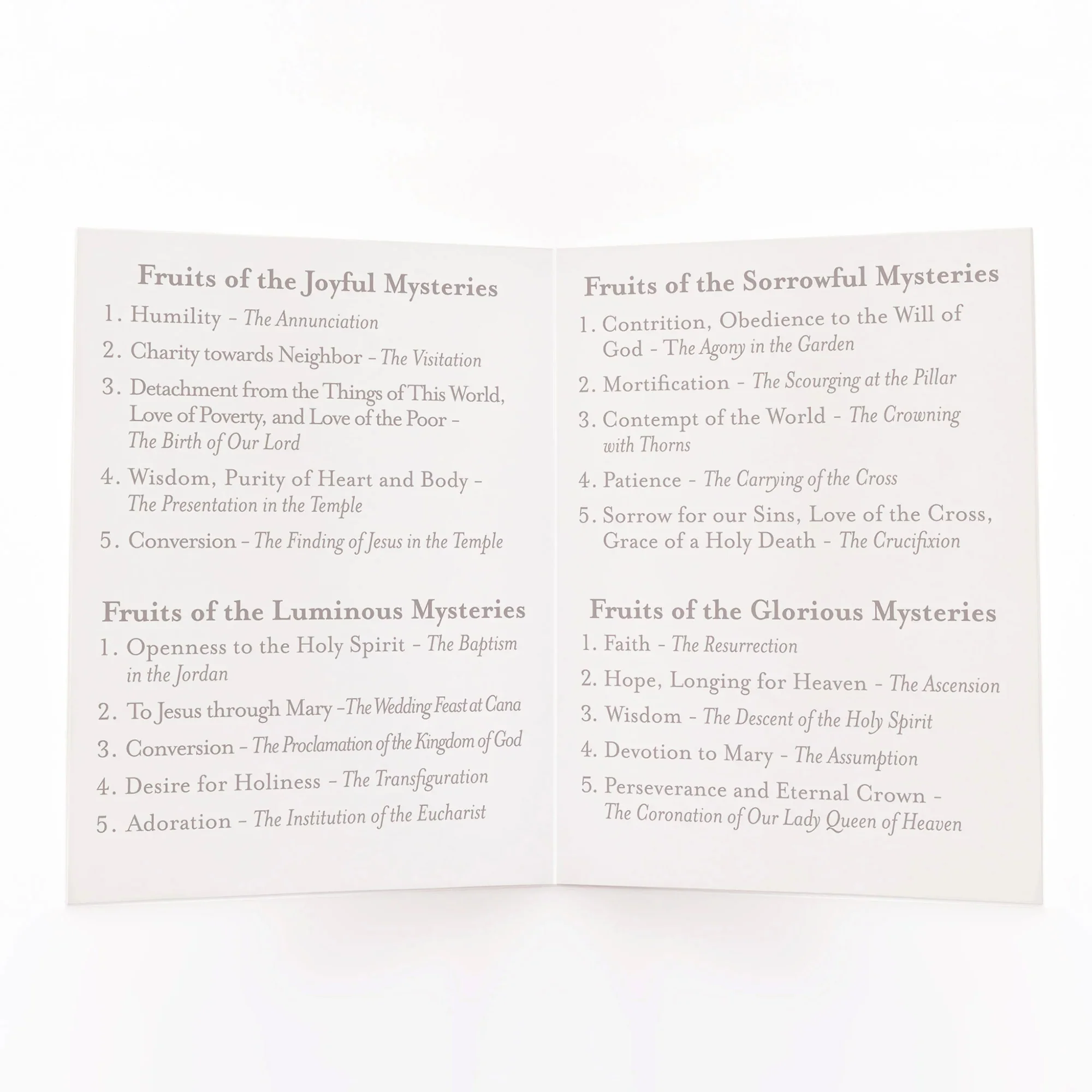 Fruits of the Mysteries of the Rosary Folded Prayer Card