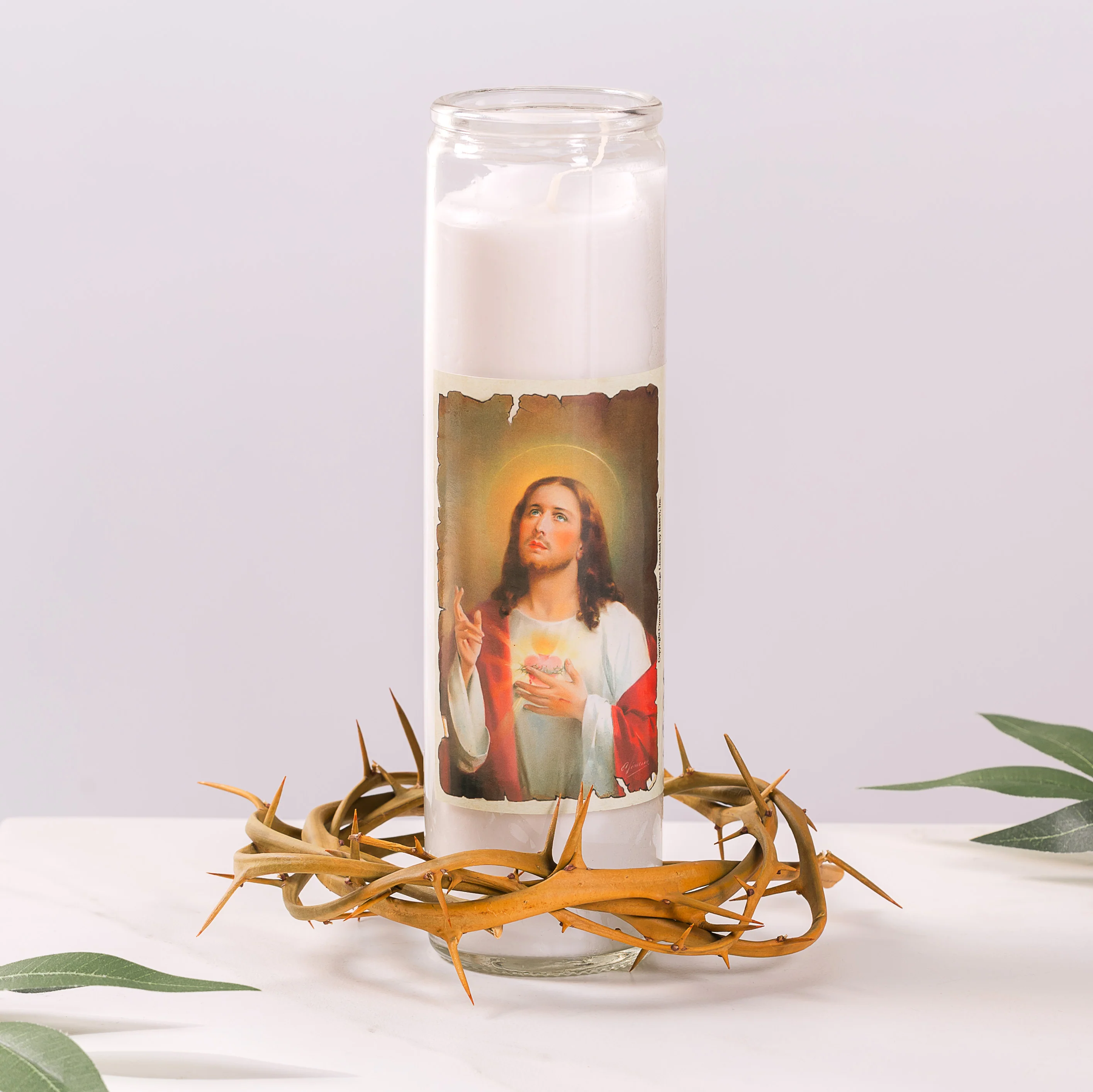 Gift Boxed Crown of Thorns 6" & Sacred Heart 3 Day Candle Gift Set