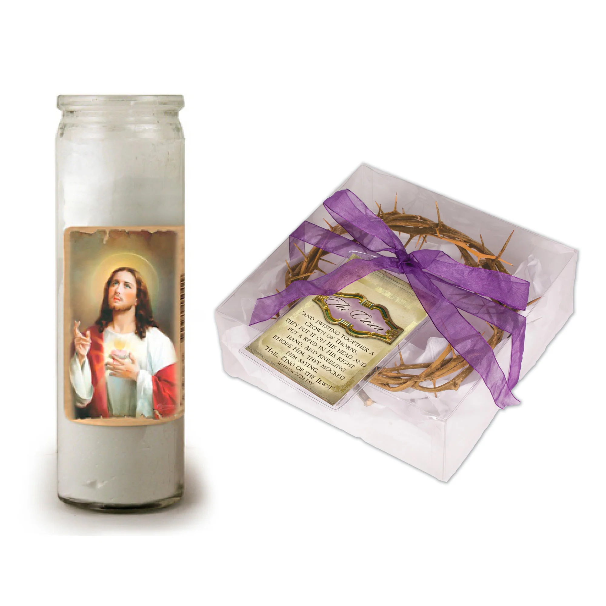 Gift Boxed Crown of Thorns 6" & Sacred Heart 3 Day Candle Gift Set - Image 2