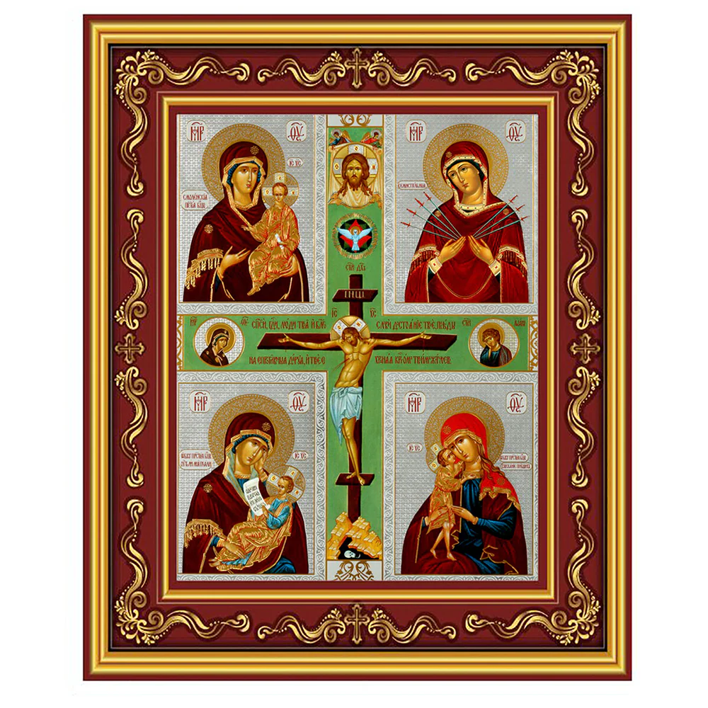 Gilded Crucifixion & 4 Marian Images Icon