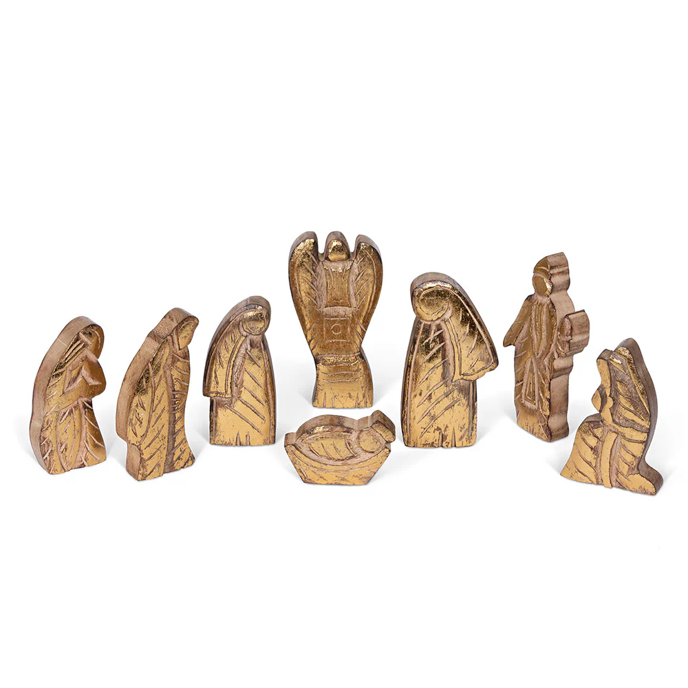 Gilded Wood Carved Nativity Set - 8 Pieces - Image 2