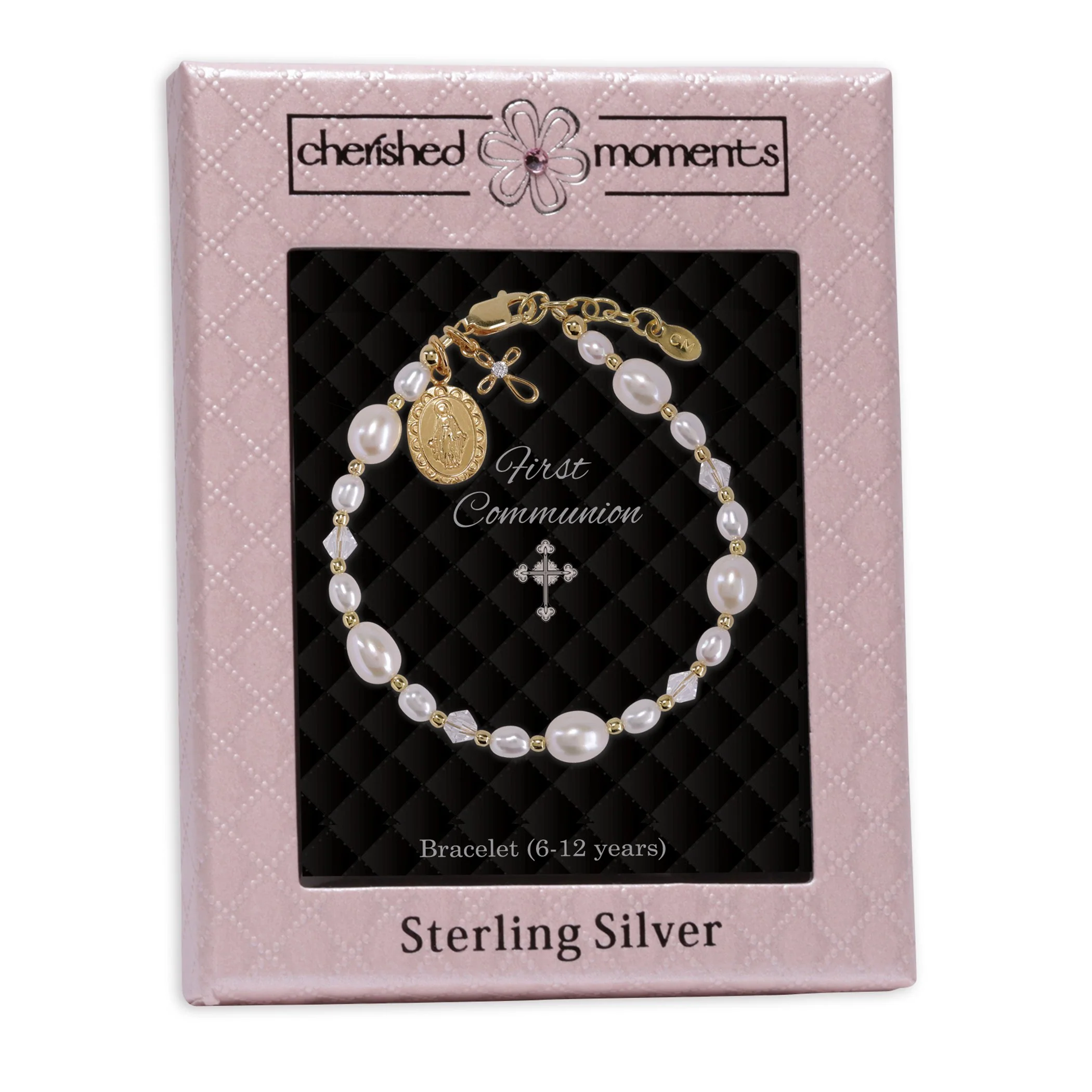 Girl's Gold, Pearl & Crystal Miraculous Medal Bracelet - Image 2