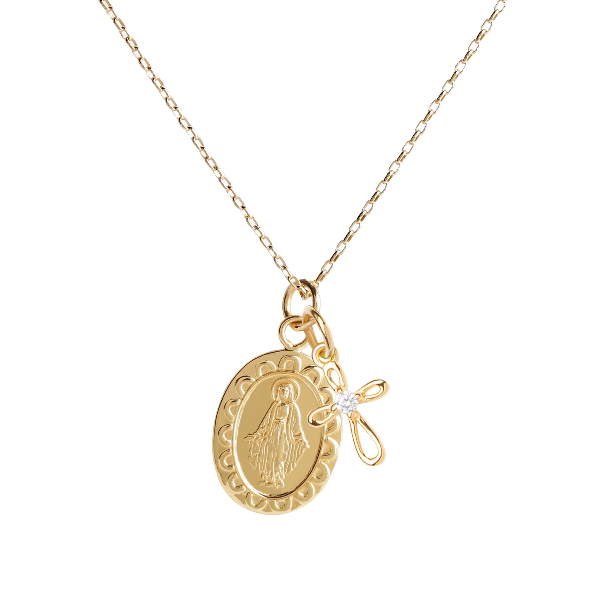 Girl's Miraculous Medal & Crystal Cross Necklace in Gold