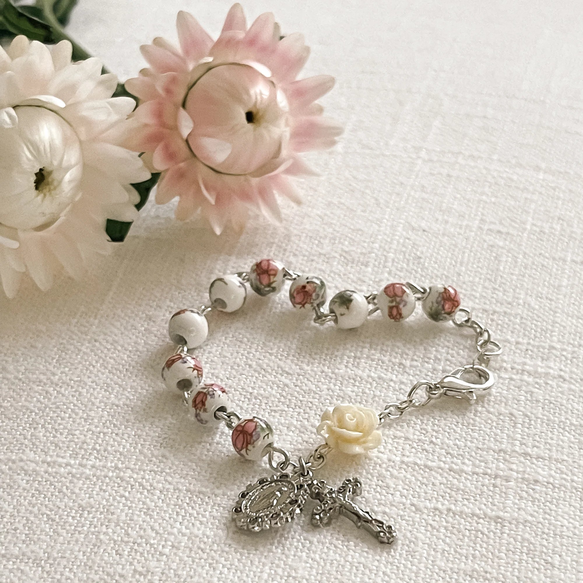 Girl's Petal Pink Miraculous Medal Rosary Bracelet