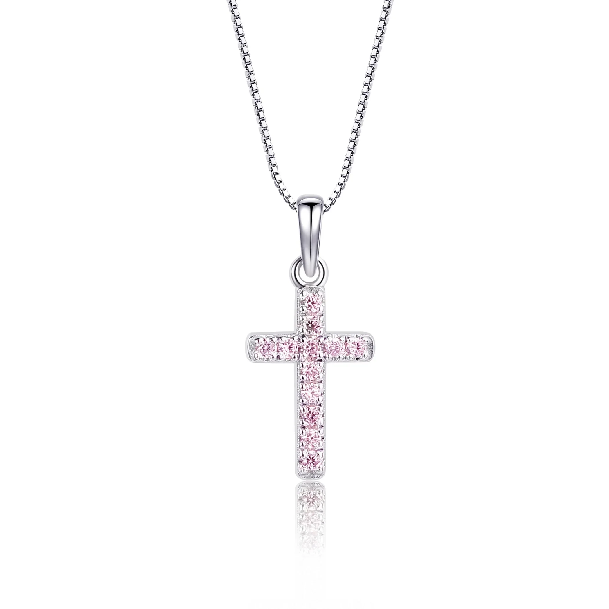 Girl's Sterling Silver & Pink Cubic Zirconia Cross Necklace - 14" - Image 2