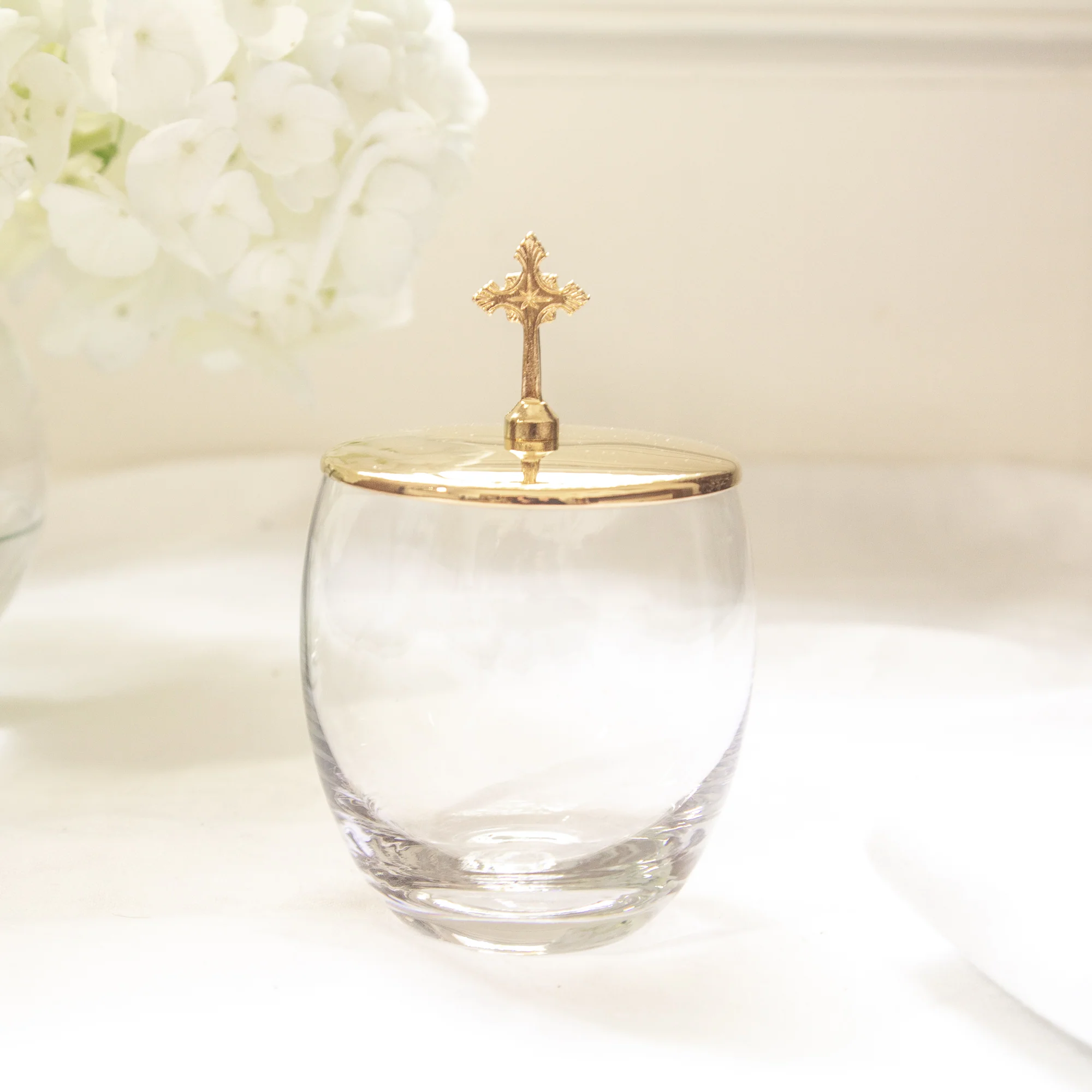 Glass Ablution Cup with Gold Cross Lid