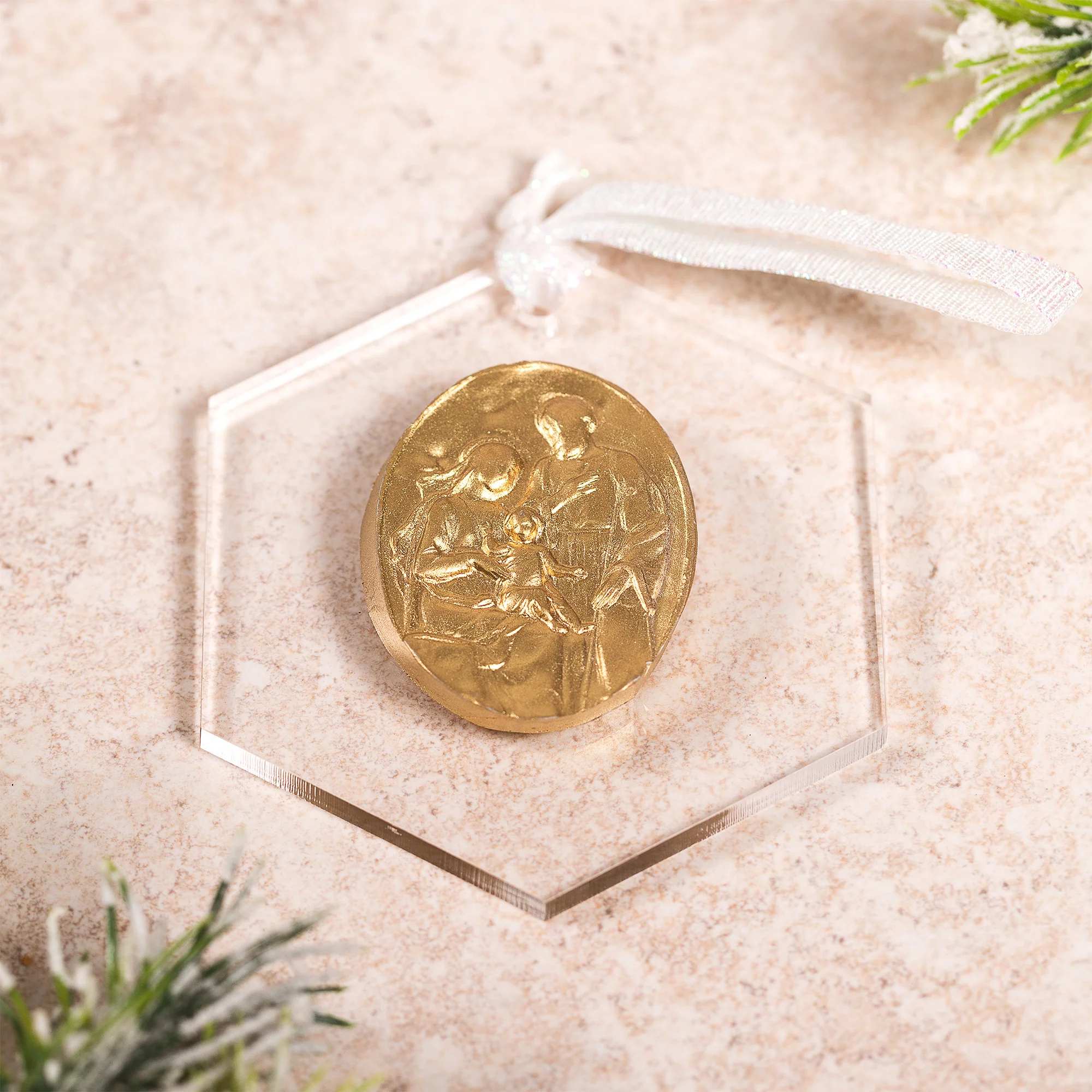 Gold Acrylic Intaglio Holy Family Ornament - Image 2